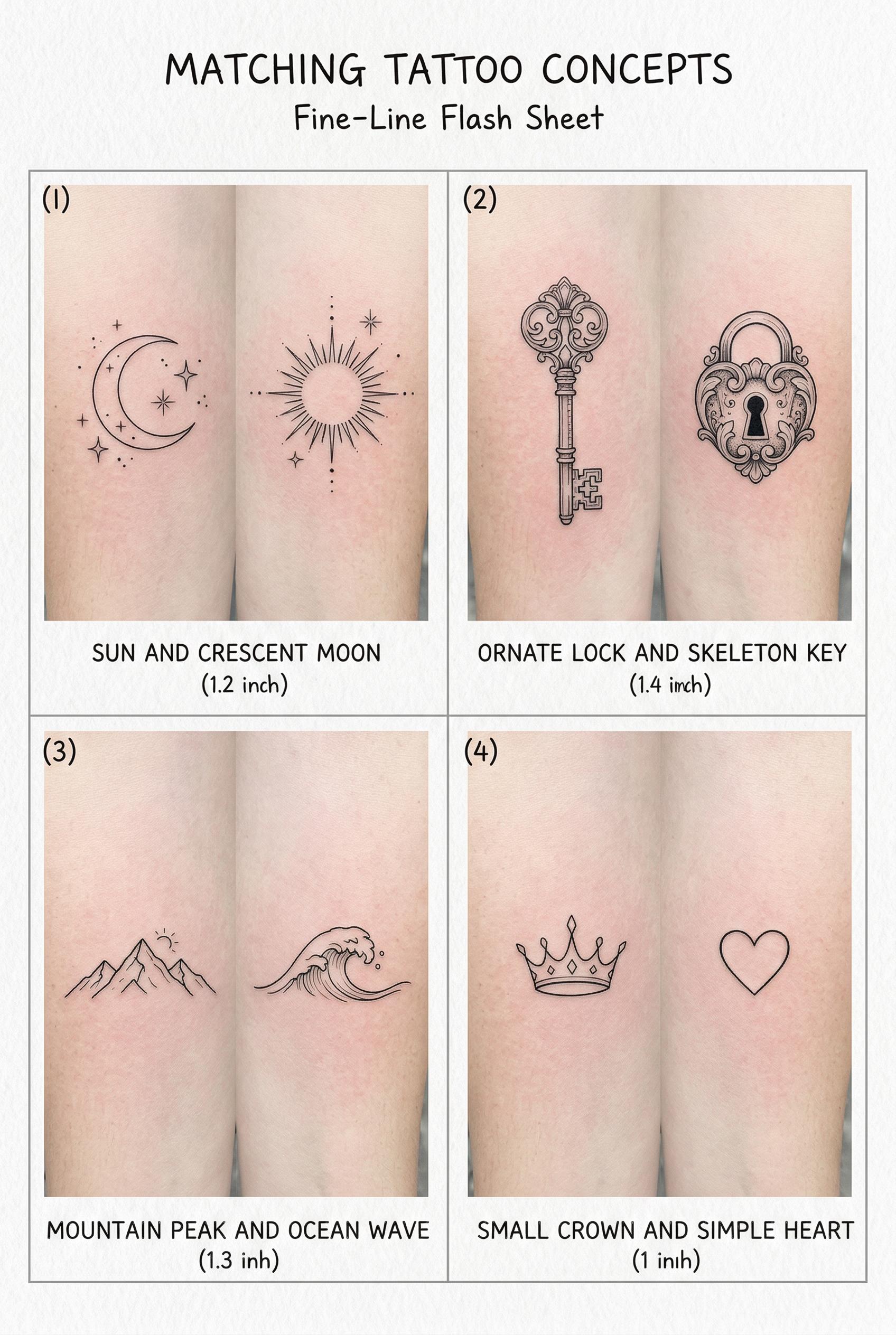 A collection of 4 matching tattoo pair concepts arranged in a 2x2 grid on a white background, each pair shown side by si
