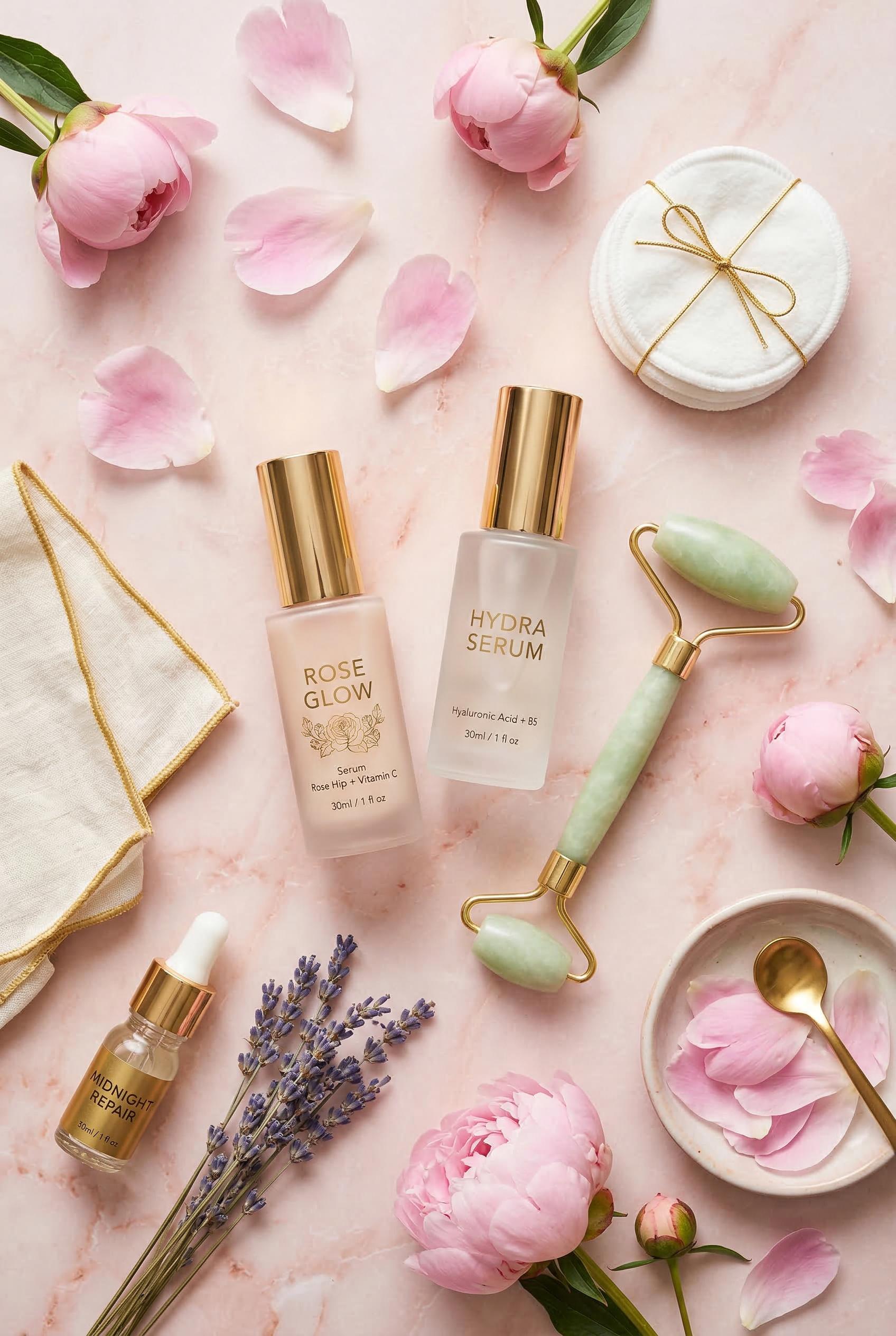 A vibrant overhead flat-lay of luxury skincare products arranged on a blush pink marble surface, inc