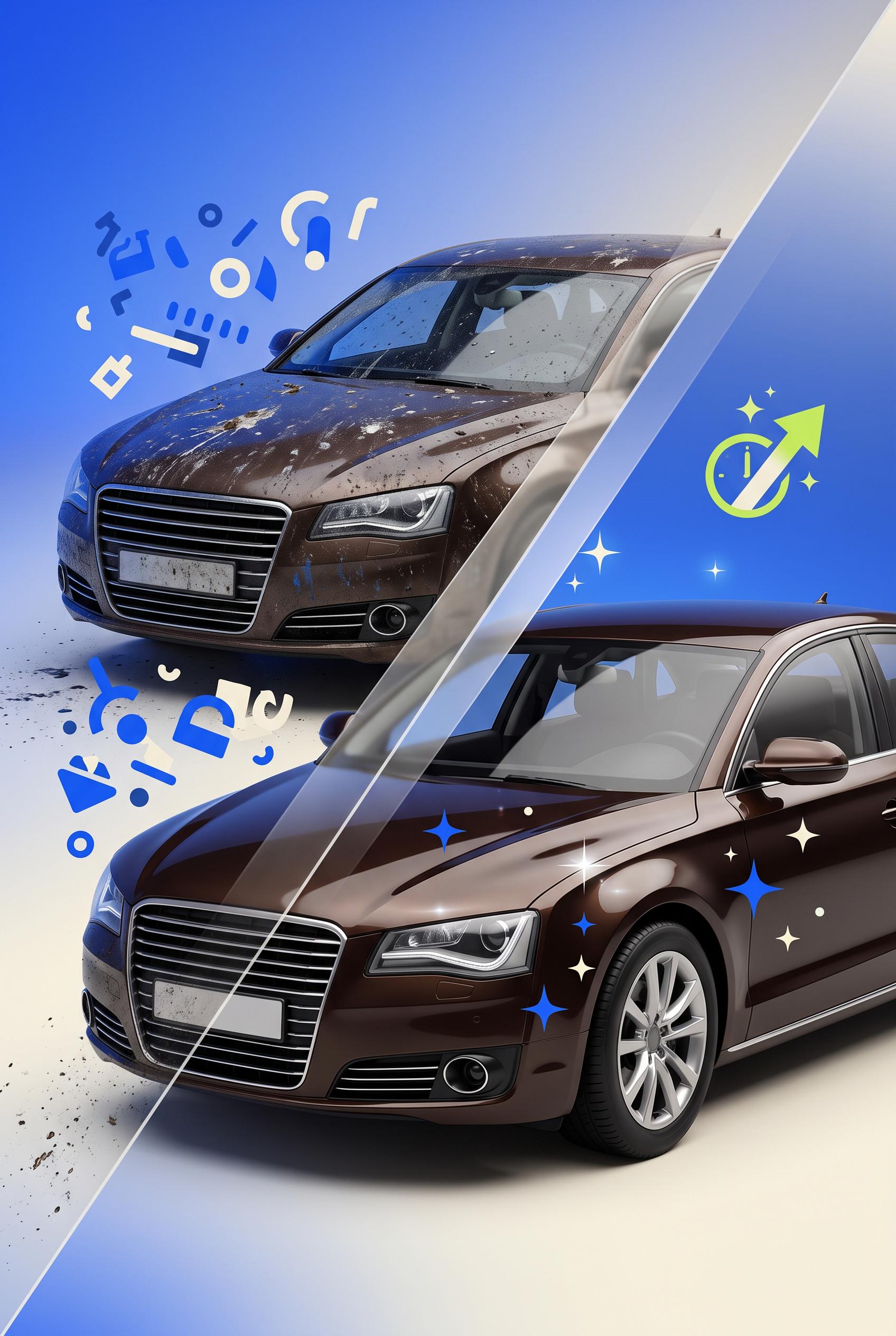 Commercial-quality Pinterest marketing visual for an independent auto detailing service, vertical 2:3 compo...