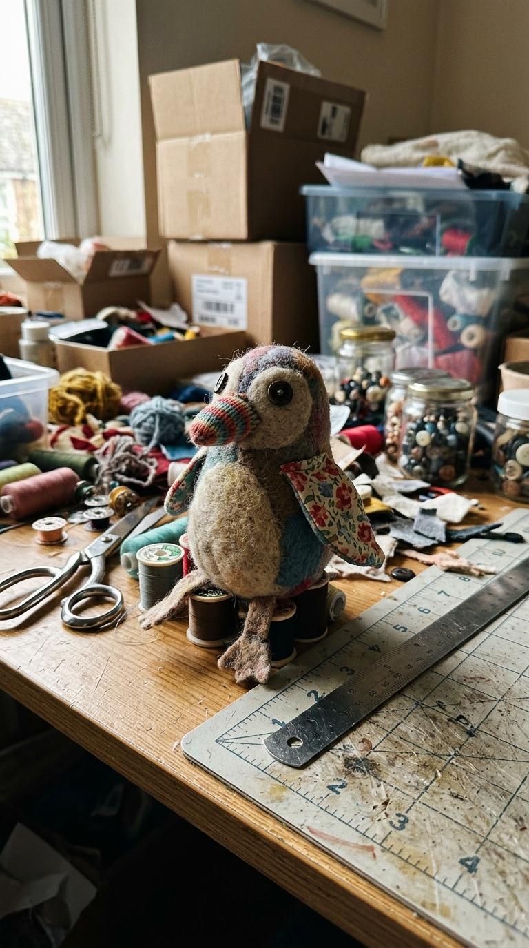 Amateur handheld phone photo of a handmade product in a busy home craft workspace, imperfect framing