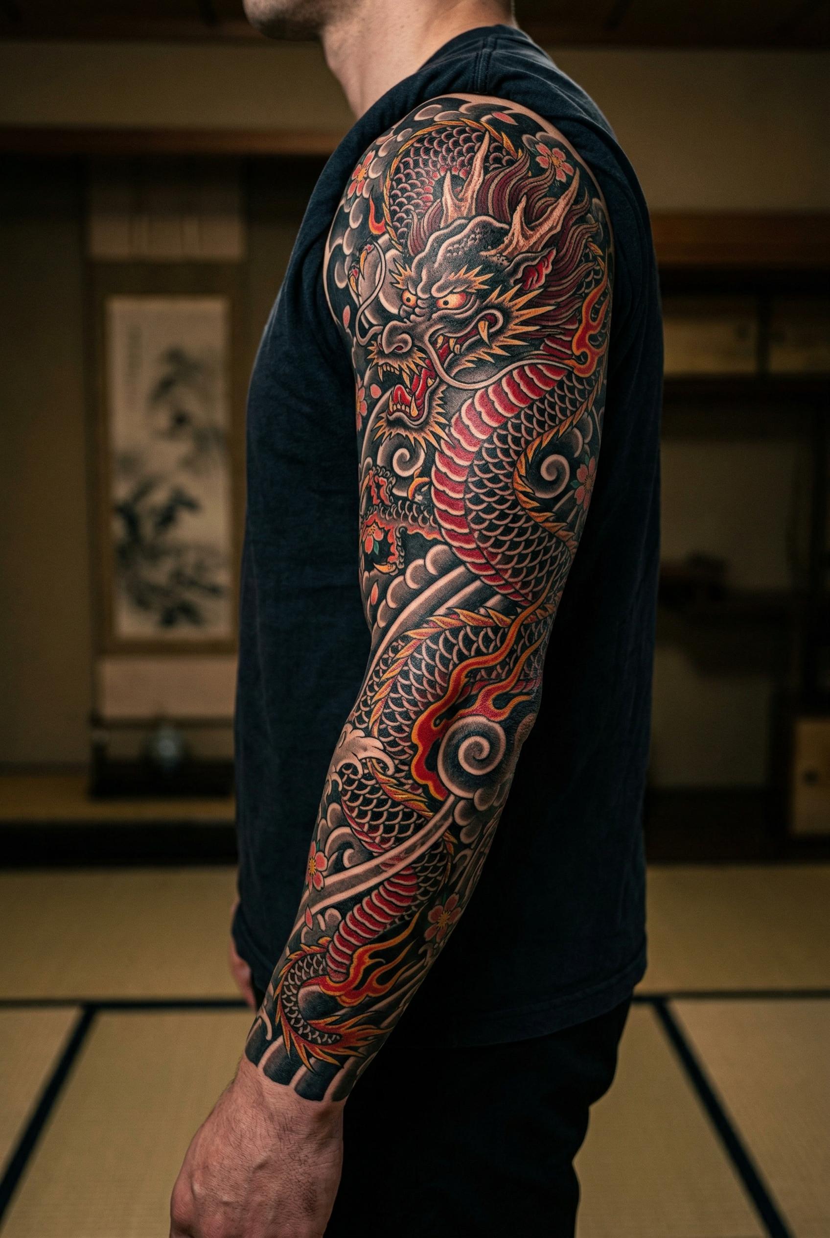 A full-arm Japanese dragon tattoo wrapping from hand to shoulder in traditional ukiyo-e style, the dragon coiling upward
