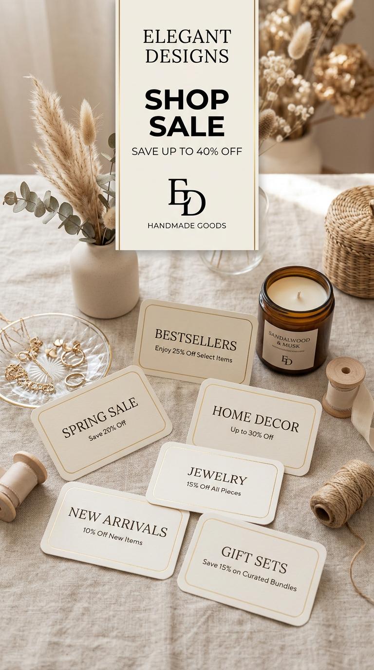 Create a premium vertical Pinterest pin for Etsy shop promo graphics, featuring elegant sale cards, shop banner mockups,