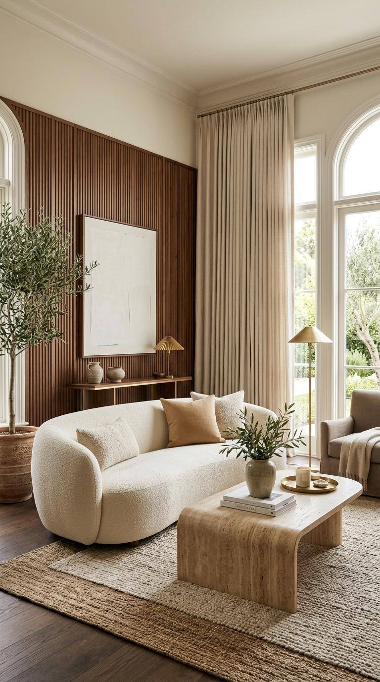 Create a premium vertical Pinterest pin for a luxurious quiet-luxury living room, featuring a sculptural cream boucle so