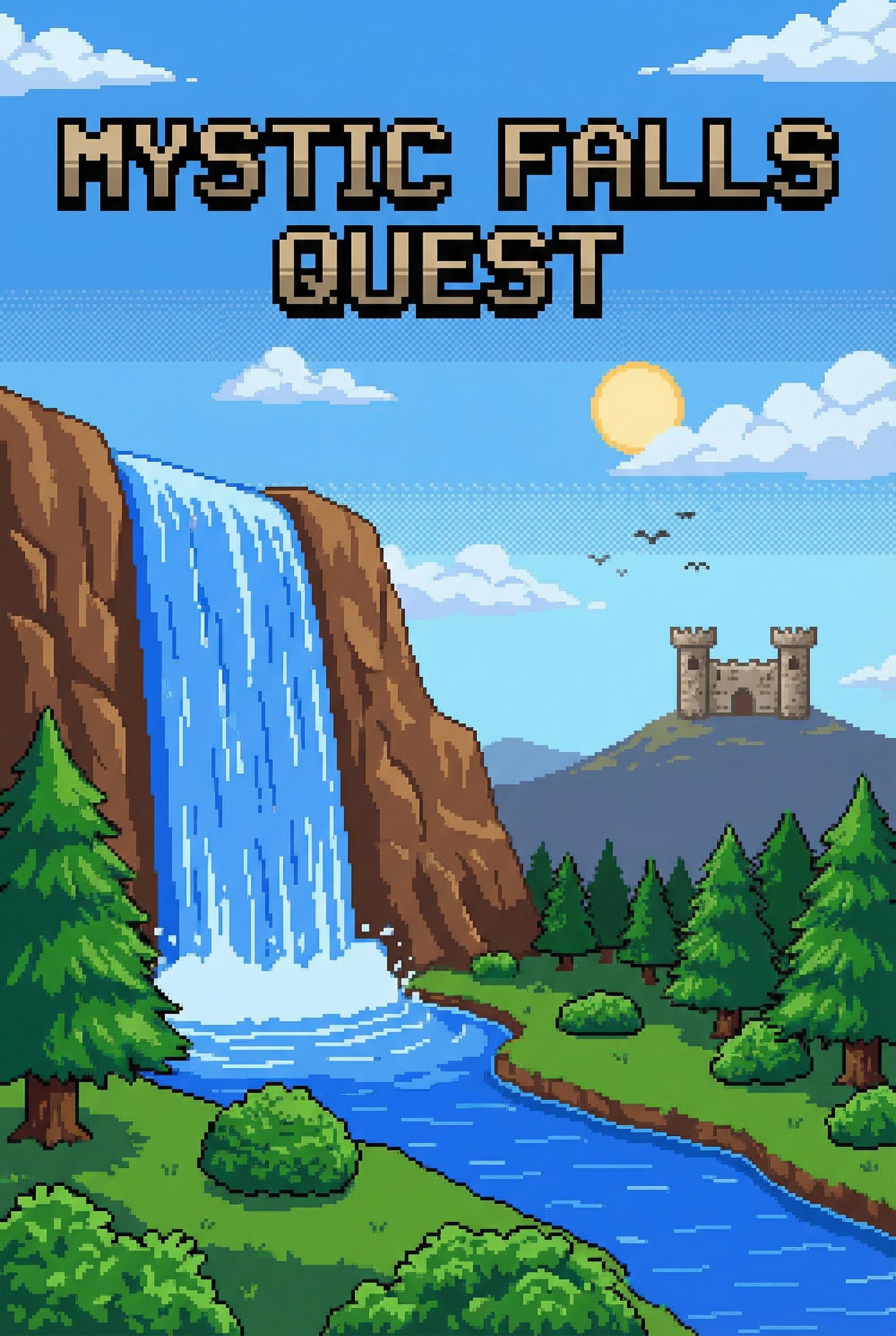 Pixel Art Style AI image: A 16-bit pixel art landscape showing a majestic waterfall flowing down a cliffside, a pixelated cast