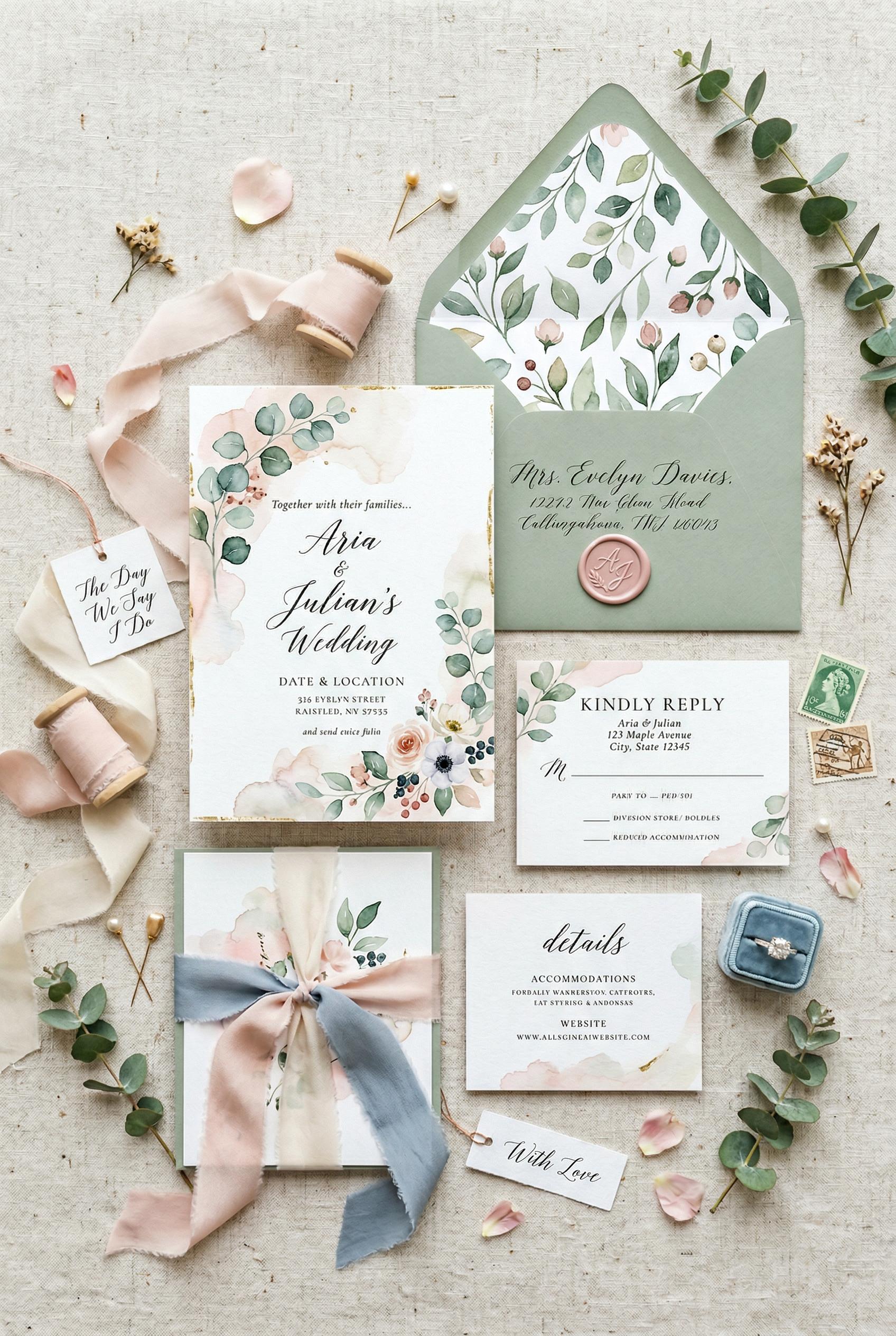 Pinterest-friendly wedding invitation ideas, flat lay composition with refined styling, inspired by current trend signal