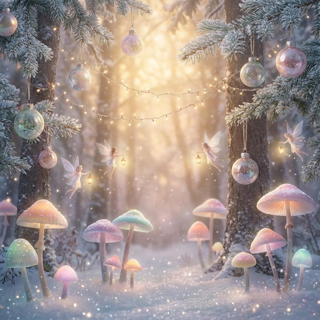 Magical fairy Christmas forest, glowing mushrooms and ornaments hanging from branches, tiny fairies with wings decoratin