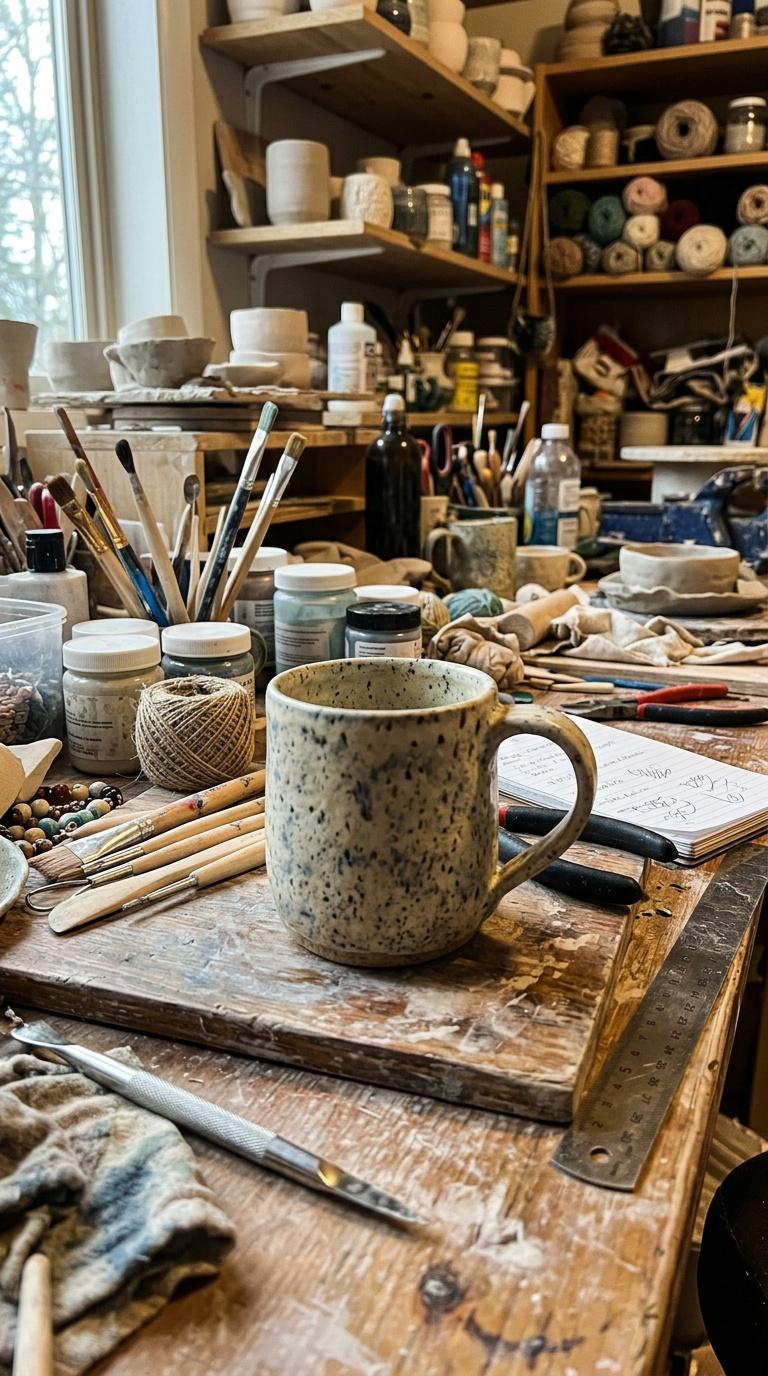 Amateur handheld phone photo of a handmade product in a busy home craft workspace, imperfect framing
