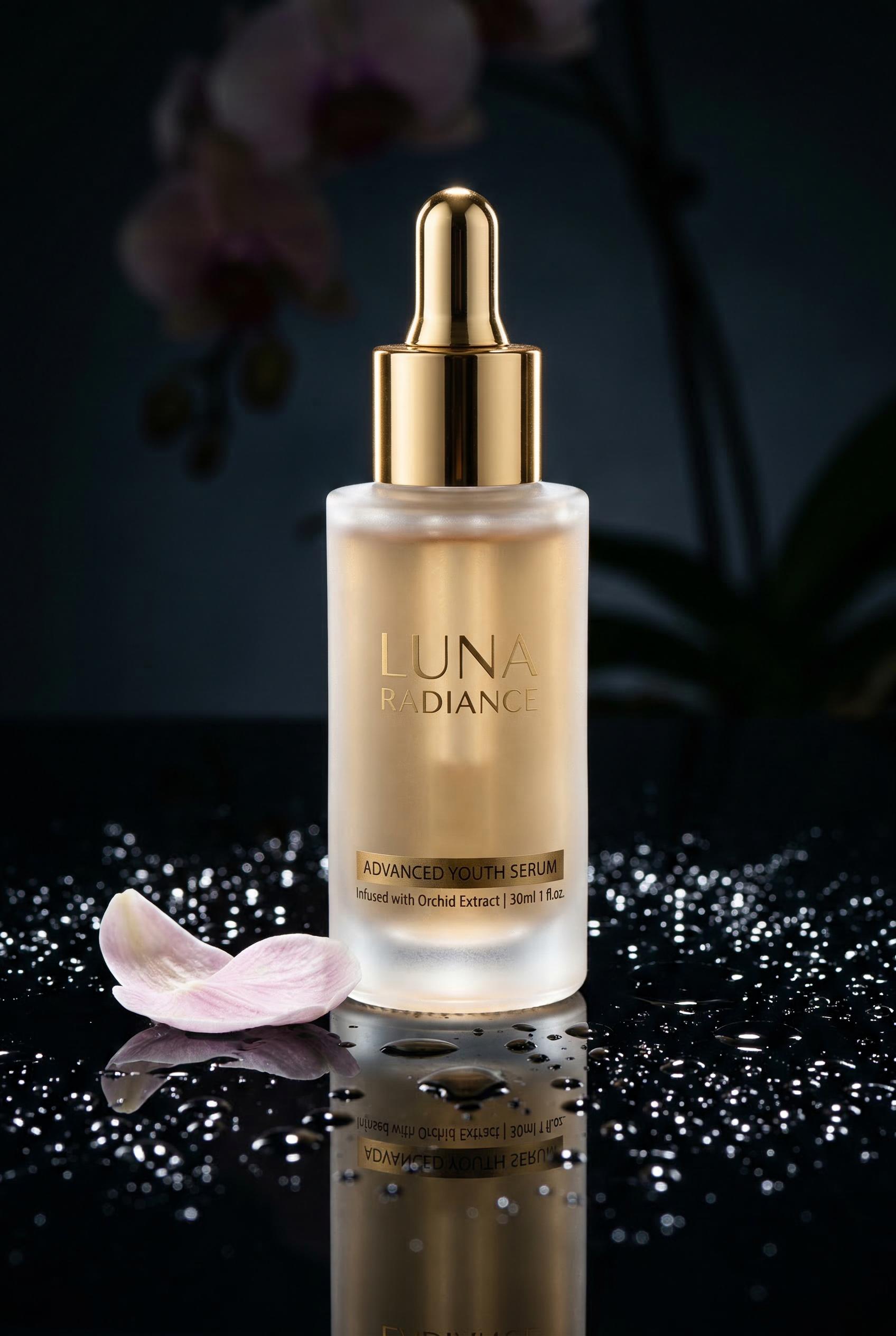 A luxury skincare serum bottle with a tall frosted glass body and gleaming gold dropper cap, standing on a perfectly ref