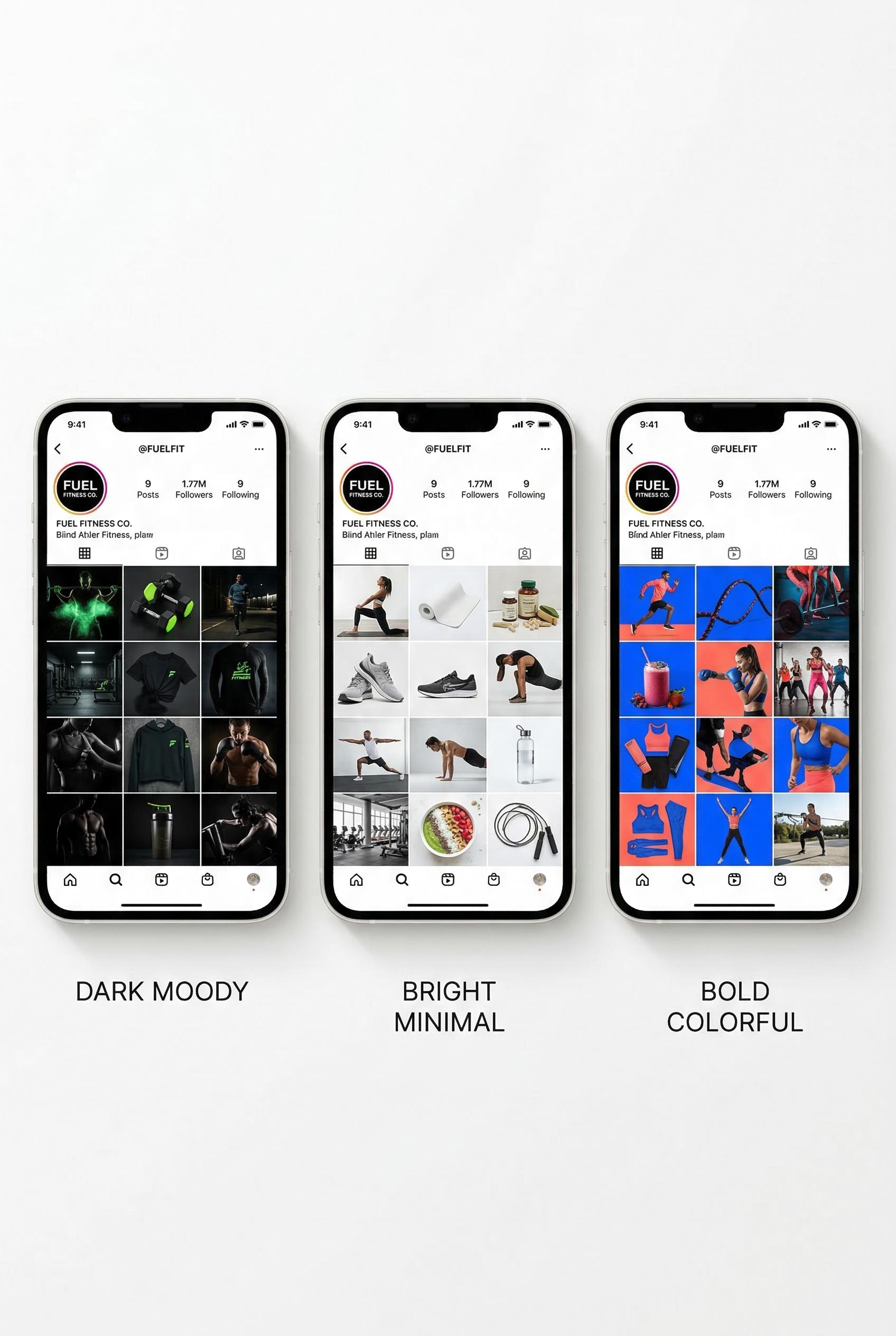 A side-by-side comparison of three different Instagram 9-post grid aesthetic previews displayed on white iPhone mockups