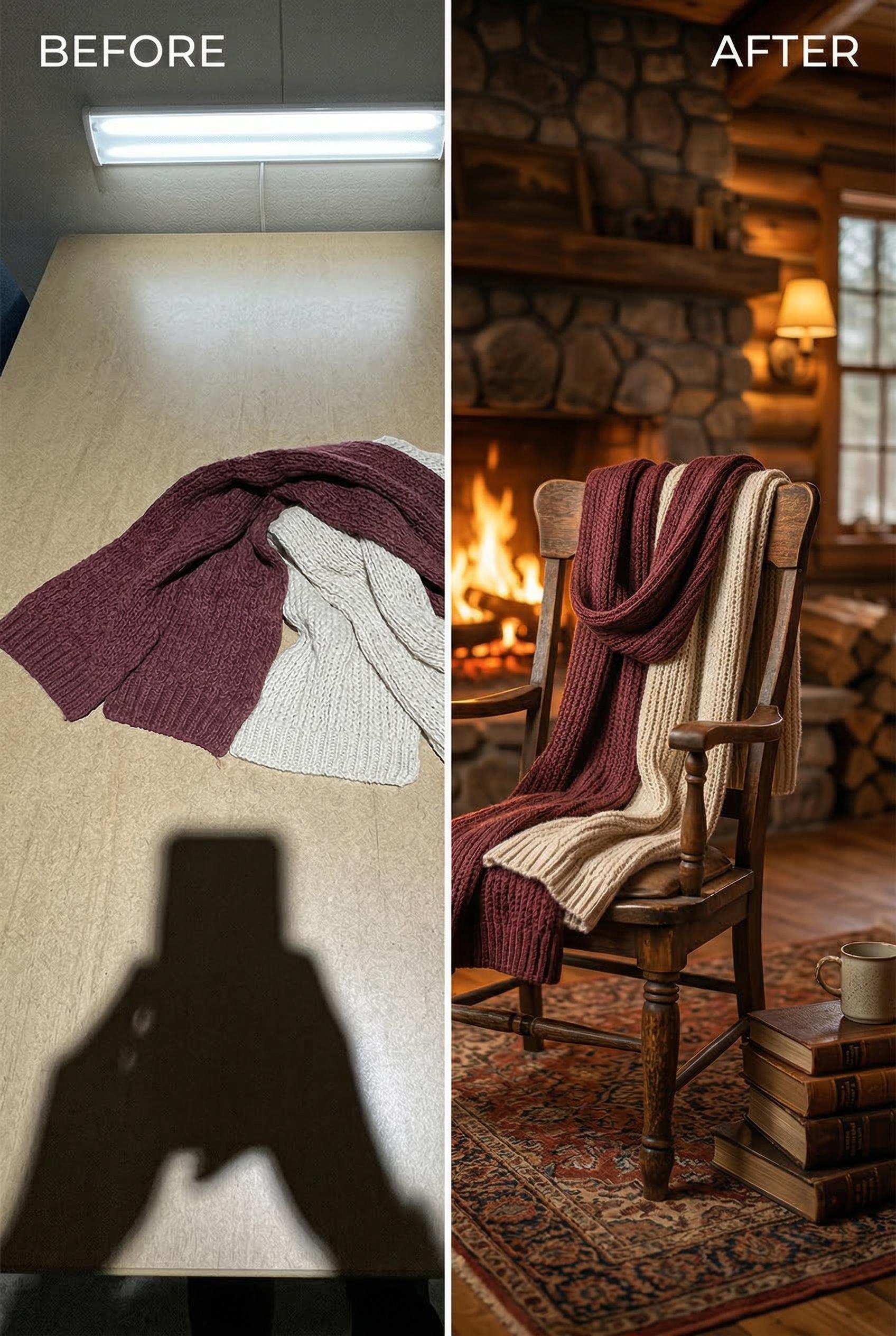 A dramatic before-and-after split image divided by a clean white vertical line in the center, left side shows a basic un