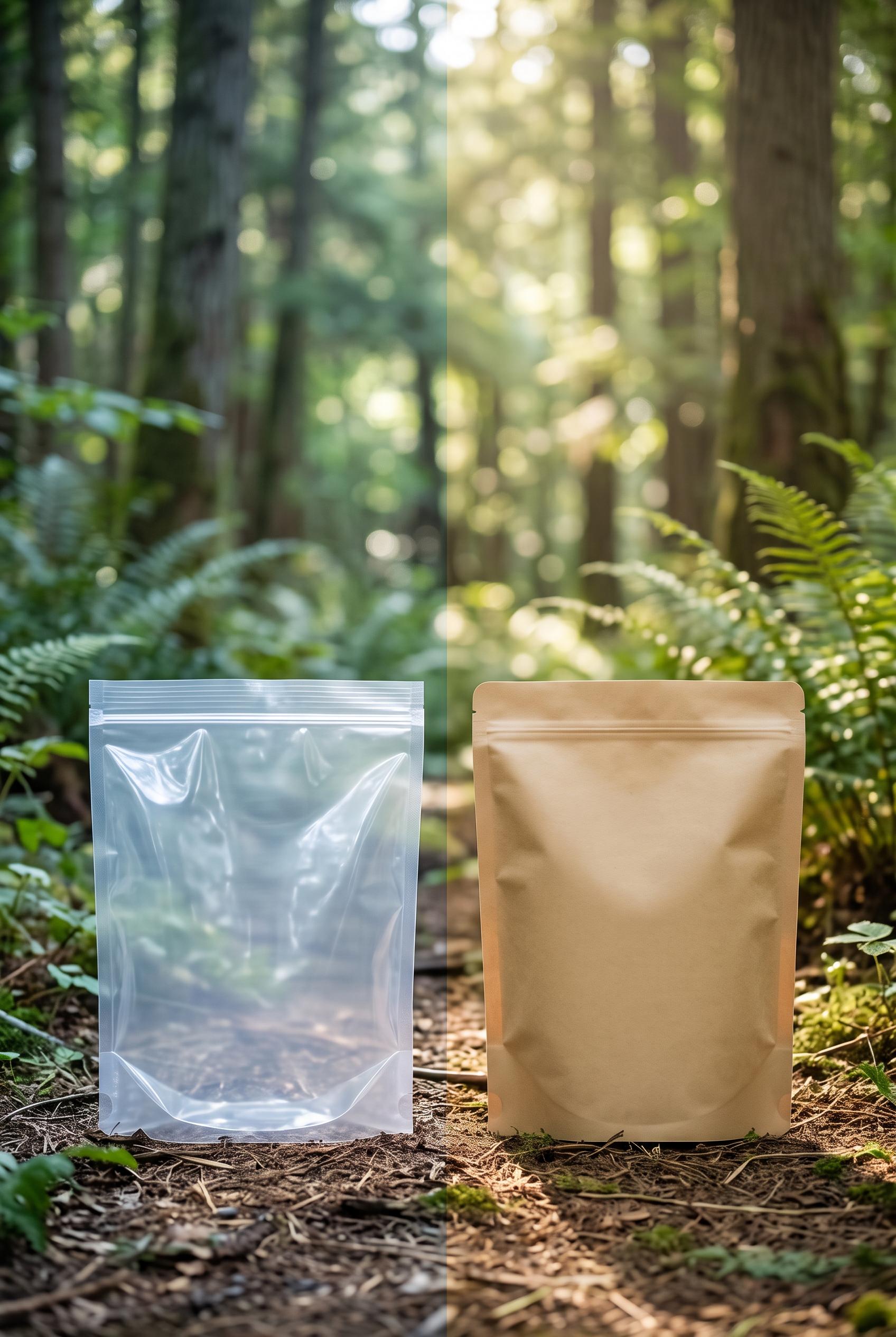 Create a vertical 2:3 composition showcasing the before (plastic) and after (biodegradable) packagin