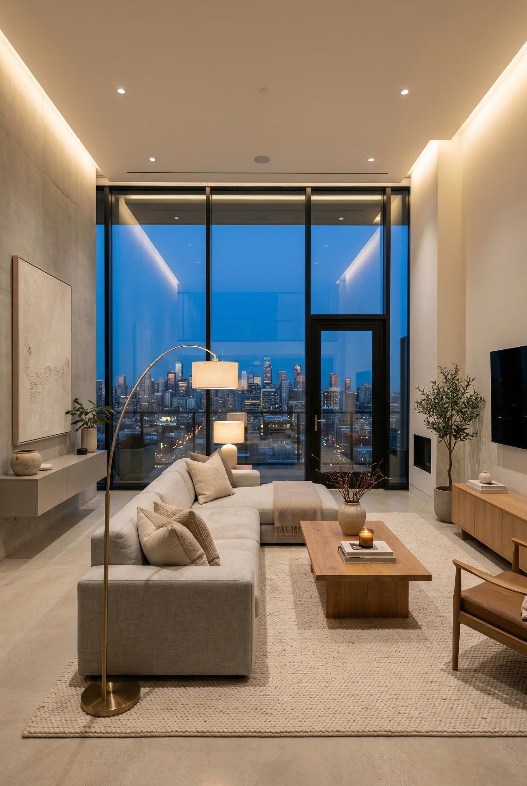 A modern minimalist living room with floor-to-ceiling windows, warm lighting, neutral tones. Render in Photorealistic style.