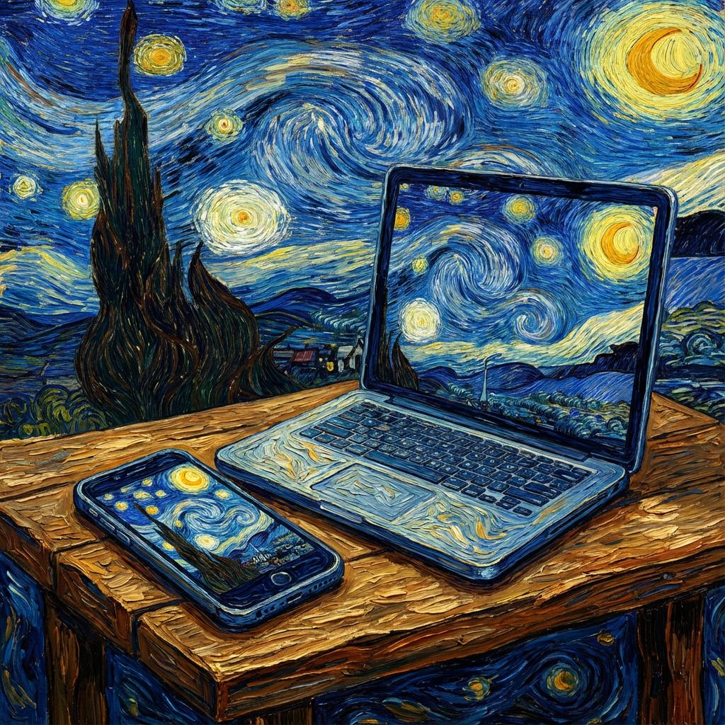 Smartphone and laptop rendered in Van Gogh's swirling impasto style, bold expressive brushstrokes in vibrant blues and y