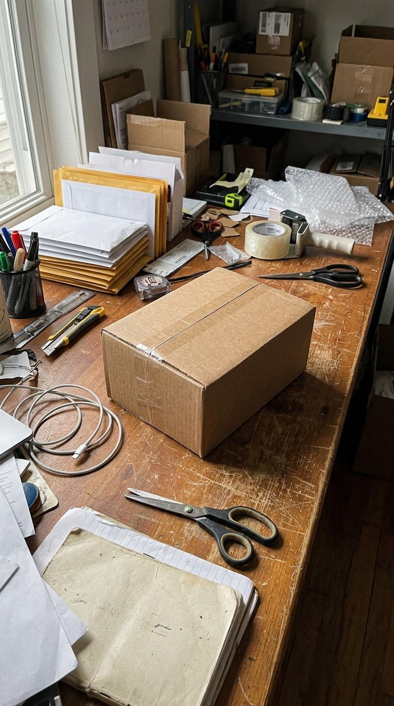 Amateur handheld phone photo of plain product packaging on a cluttered work table, imperfect angle a