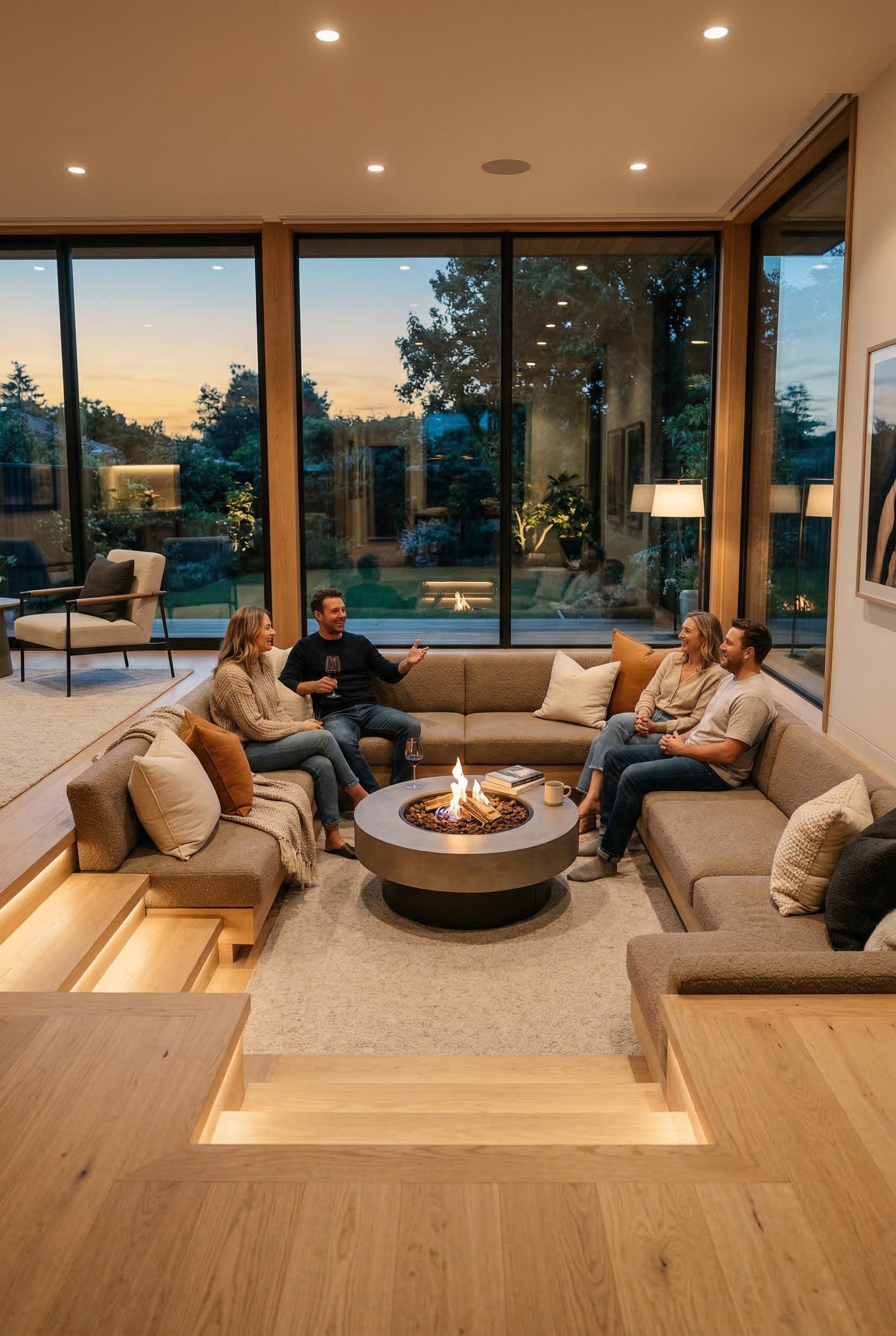 A contemporary sunken living room designed as a conversation pit, stepped down from the main floor l
