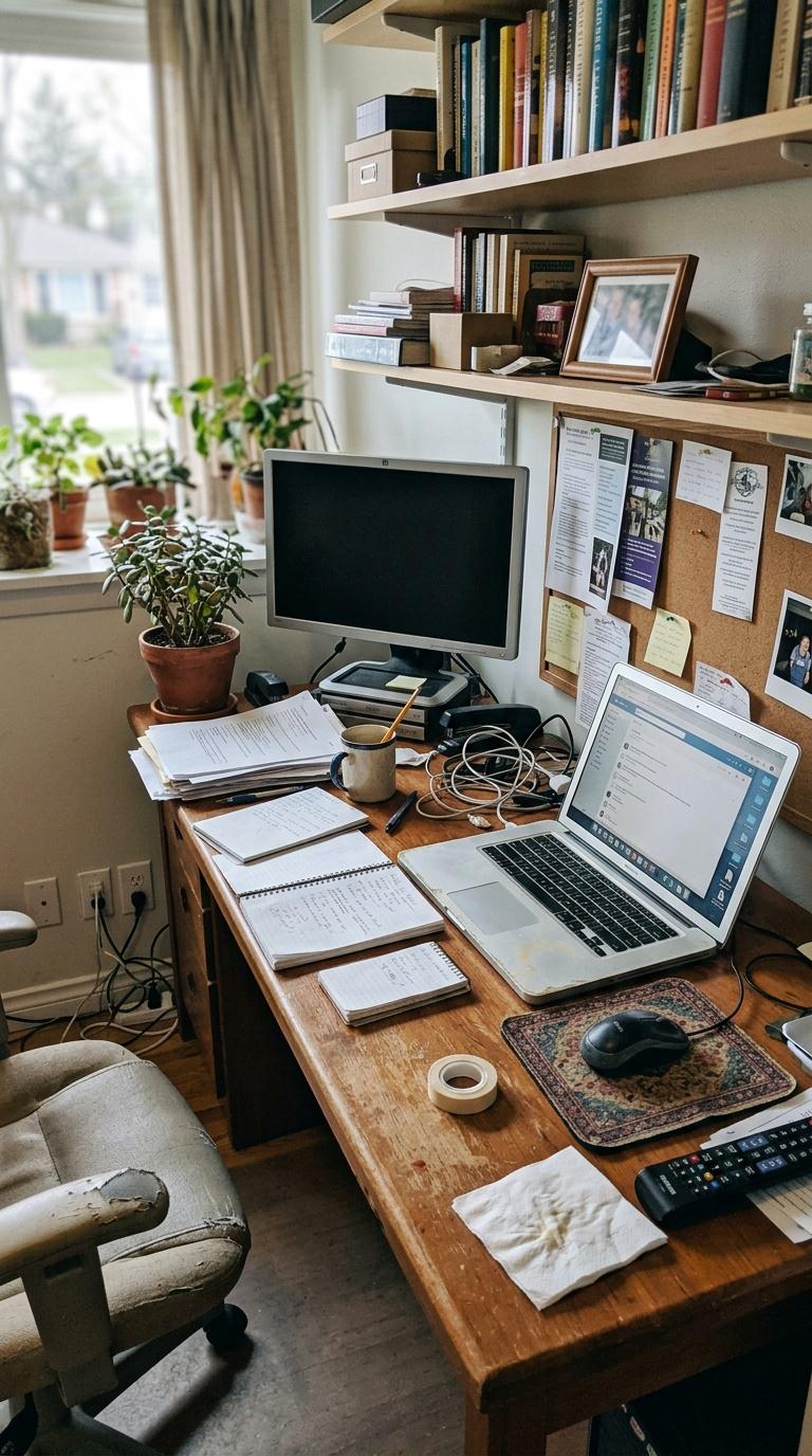 Amateur handheld phone photo of a slightly messy home desk area before redesign, imperfect wide-angl