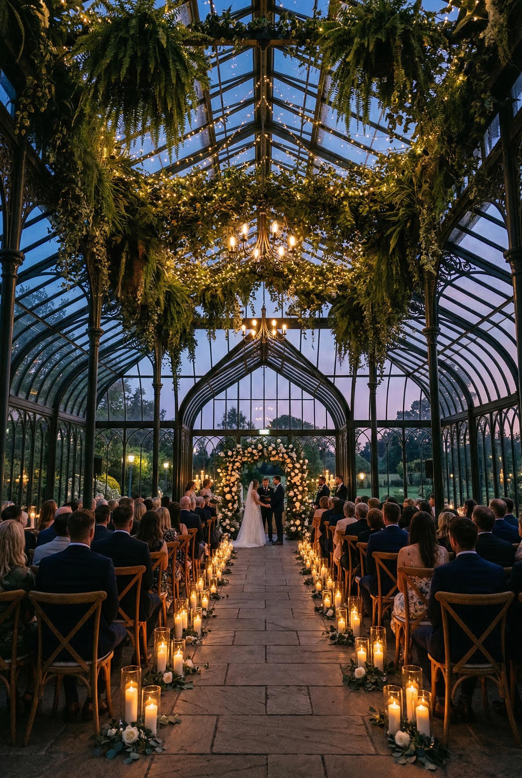 A magical glass greenhouse wedding venue at dusk, with a peaked glass roof and iron framework, inter