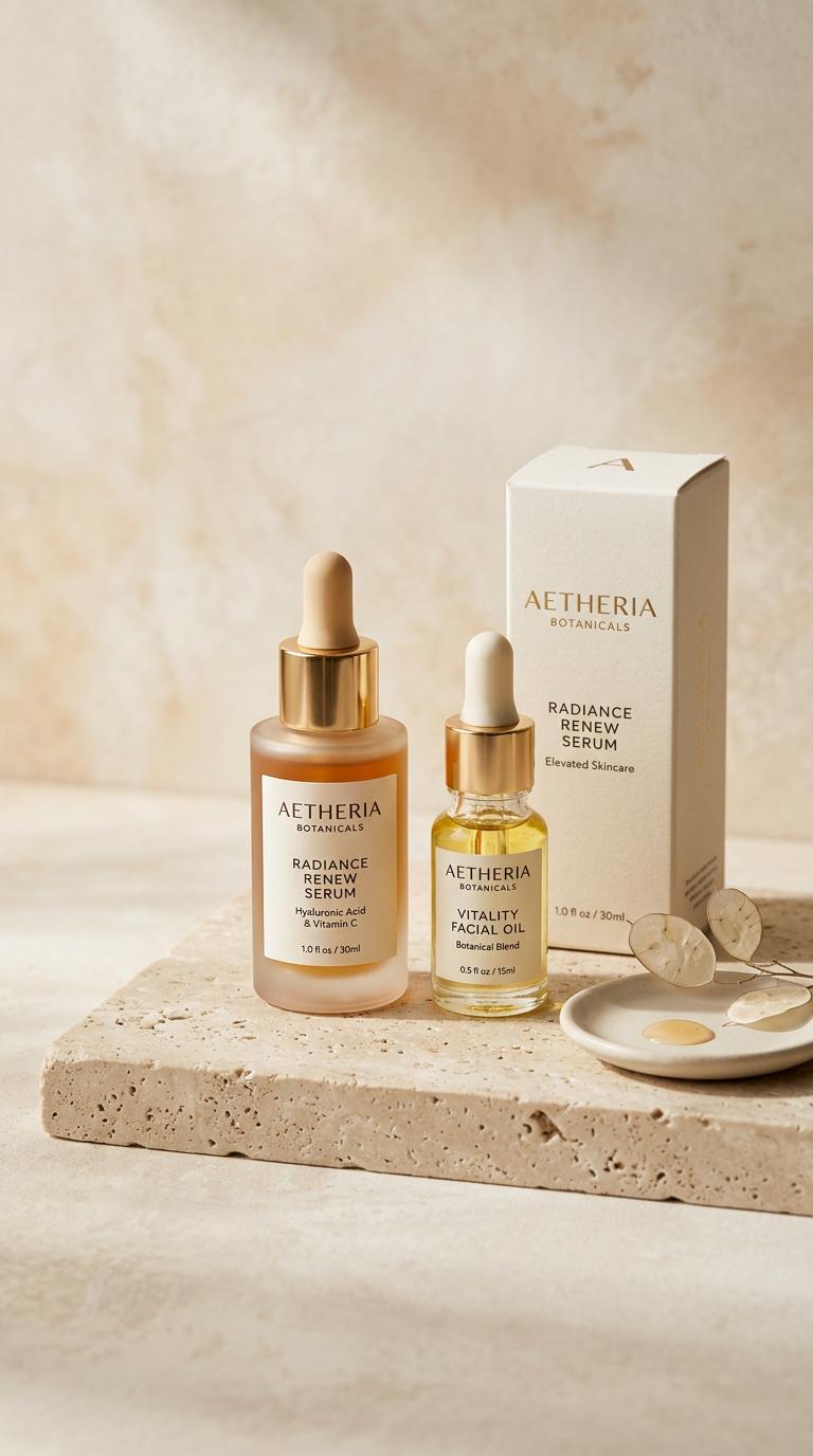 Create a premium vertical Pinterest product mockup image for a luxury skincare brand, featuring elegant serum bottles, m