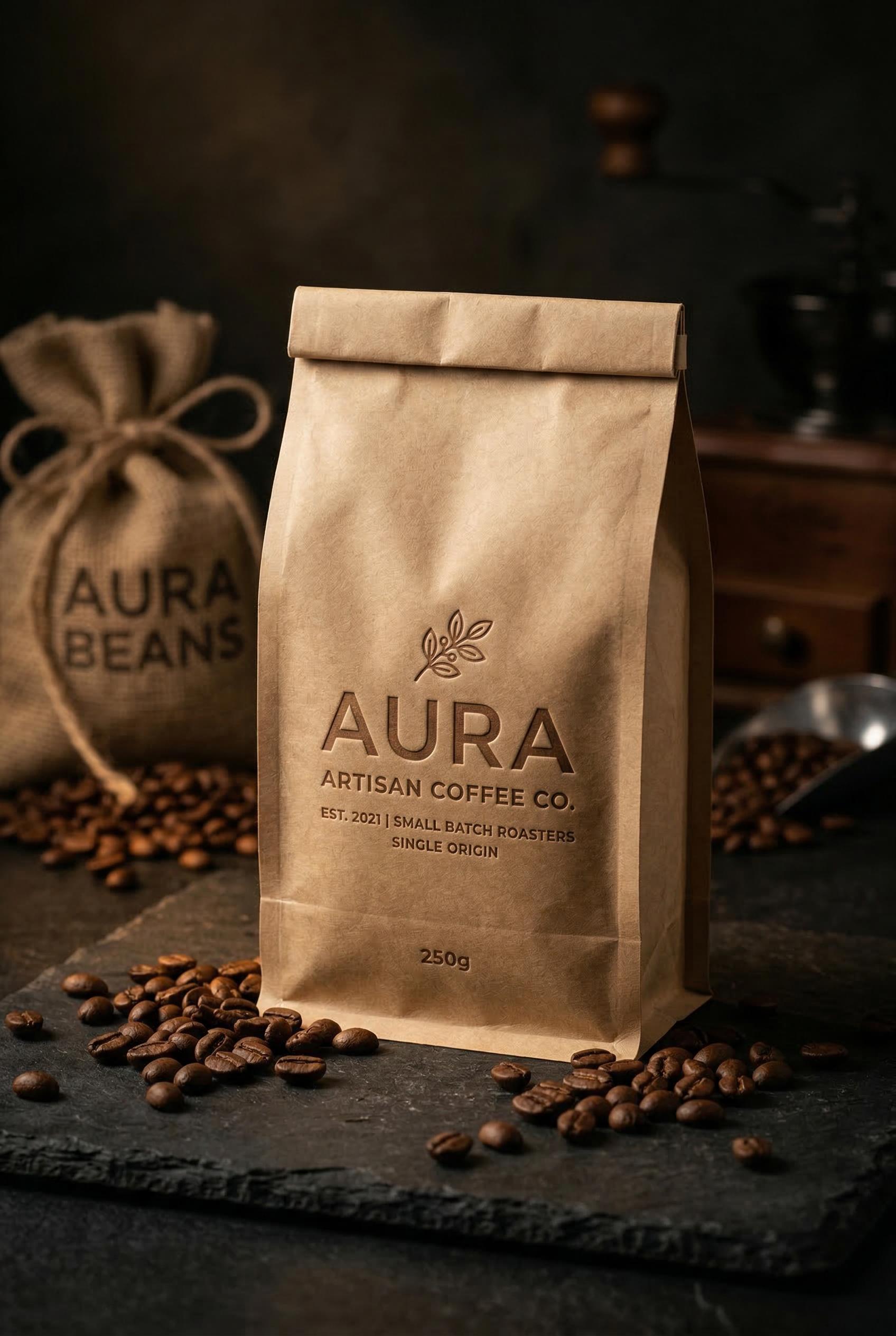 An elegant minimalist logo mockup for an artisan coffee brand debossed onto a kraft paper coffee bag with a matte finish
