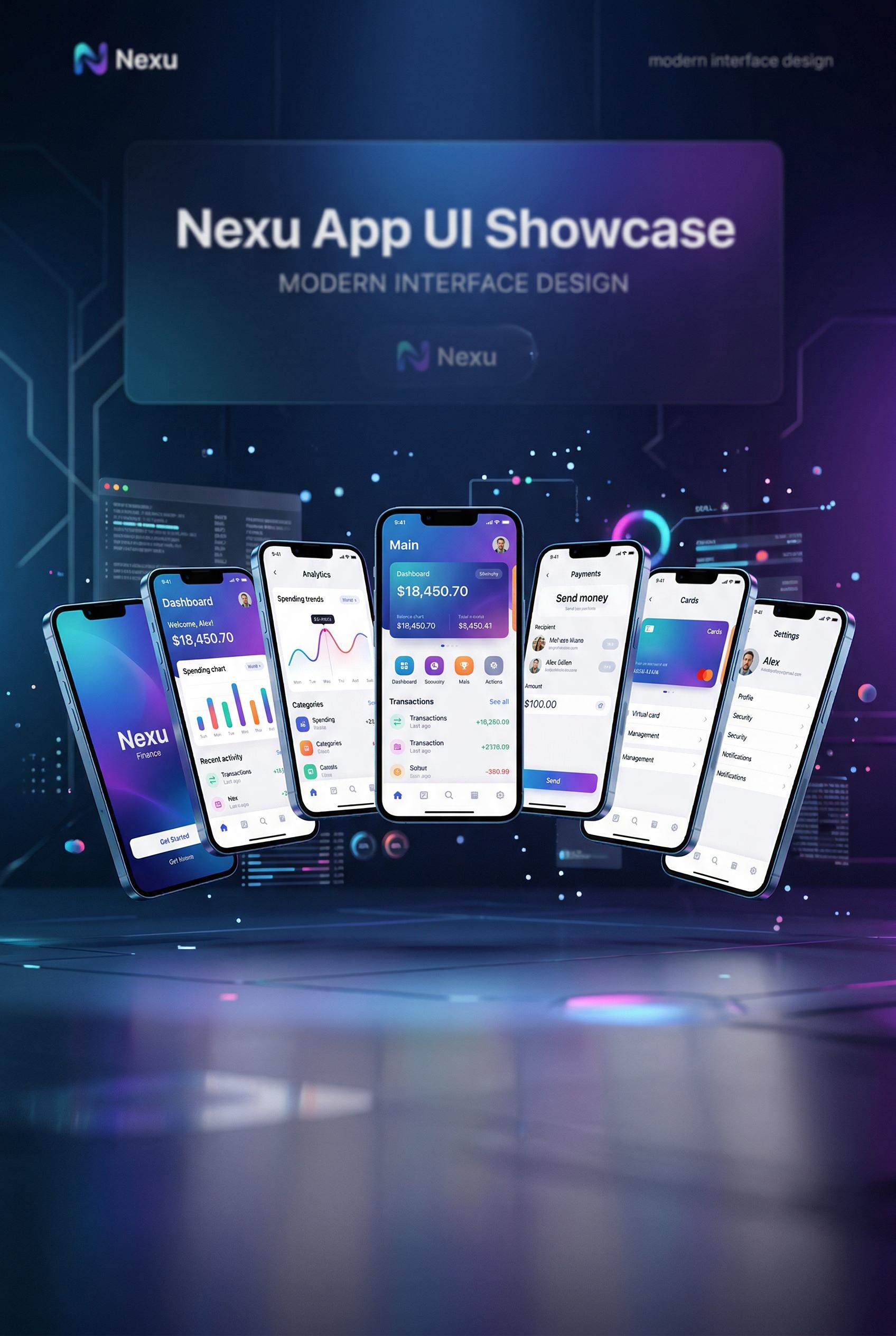 App UI showcase with multiple phone screens floating in 3D space, modern interface design, gradient backgrounds, tech pr
