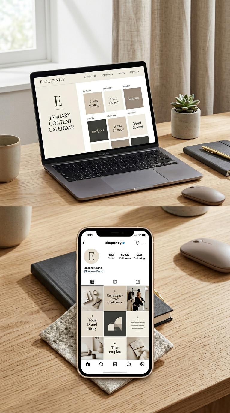 Create a premium vertical Pinterest marketing image for a small business social media brand, with elegant phone and lapt