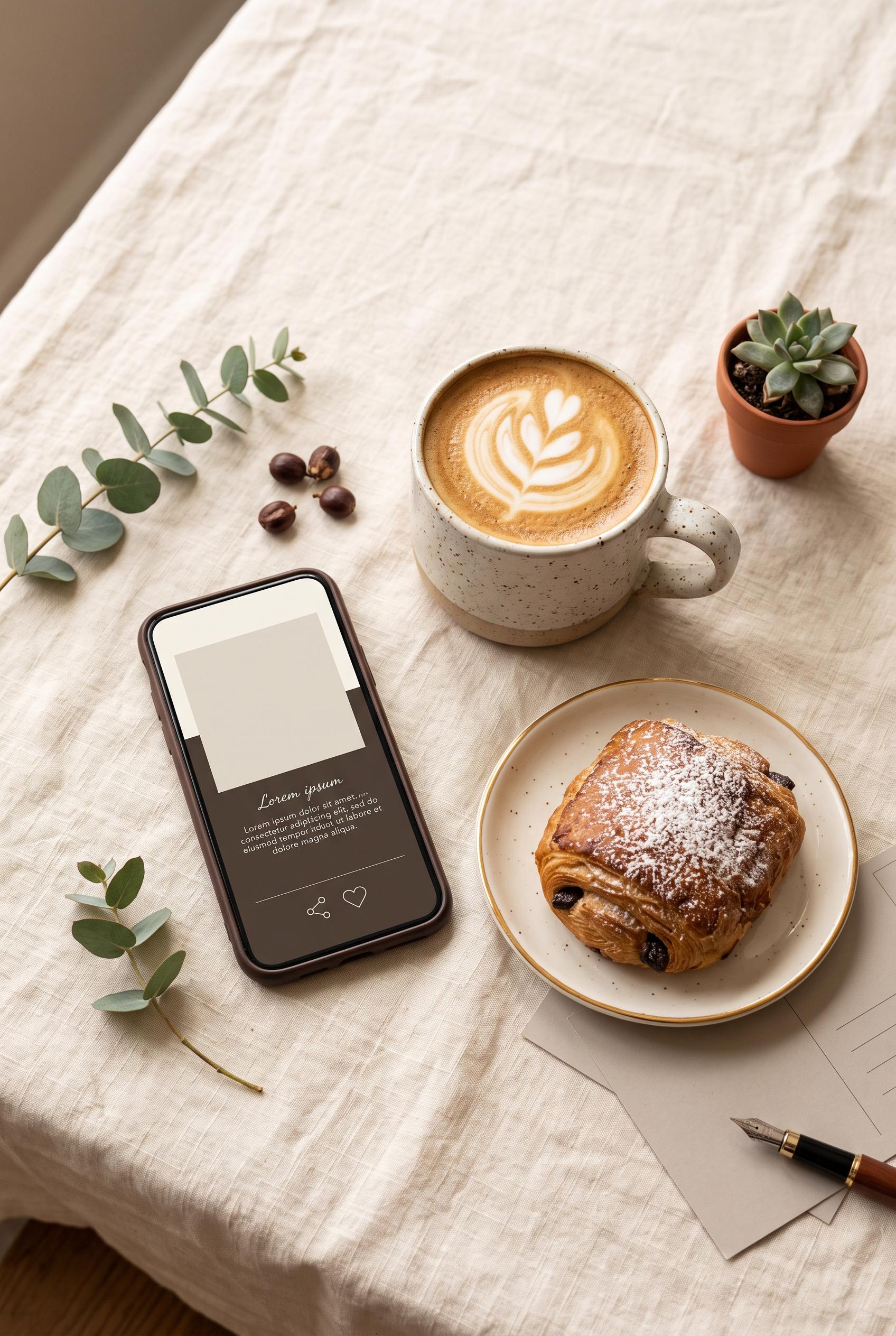 Premium editorial flat lay for a neighborhood café marketing campaign, ceramic coffee cup, pastry, s