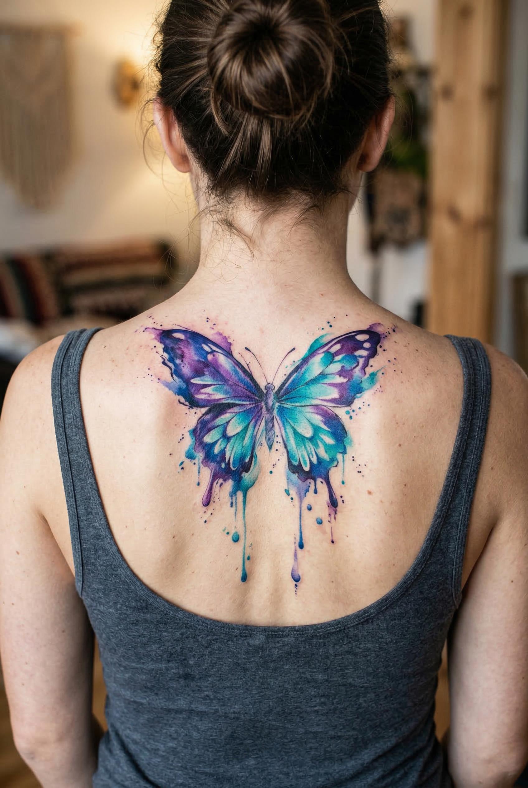A vibrant watercolor butterfly tattoo on the upper back between the shoulder blades, wings rendered in splashes of deep