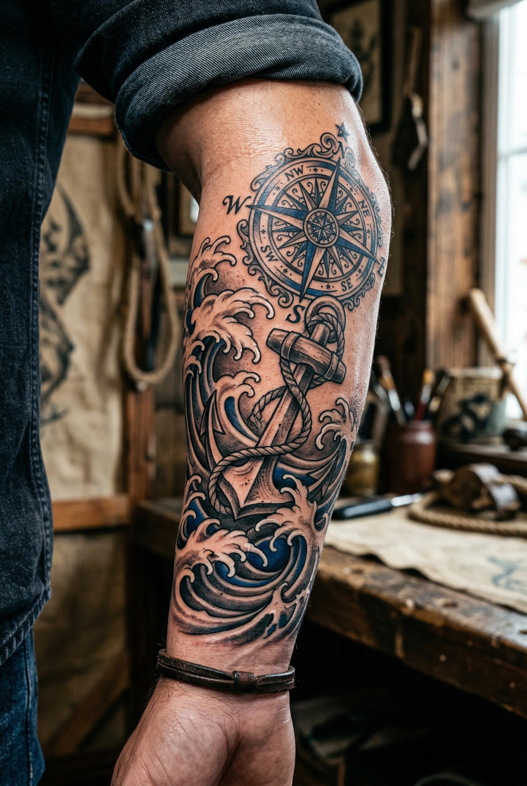 A nautical-themed neo-traditional half sleeve tattoo featuring crashing ocean waves with white-cap foam wra...