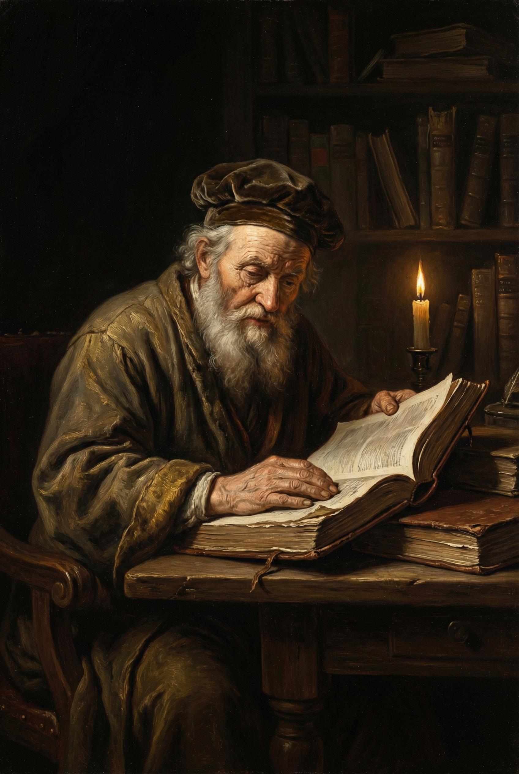 A dramatic baroque portrait of an elderly scholar reading a book by candlelight, deep chiaroscuro lighting, rich dark browns and golds, highly detailed texture on the face and hands, oil painting look, Rembrandt masterpiece.
. Create this image in Rembrandt Style