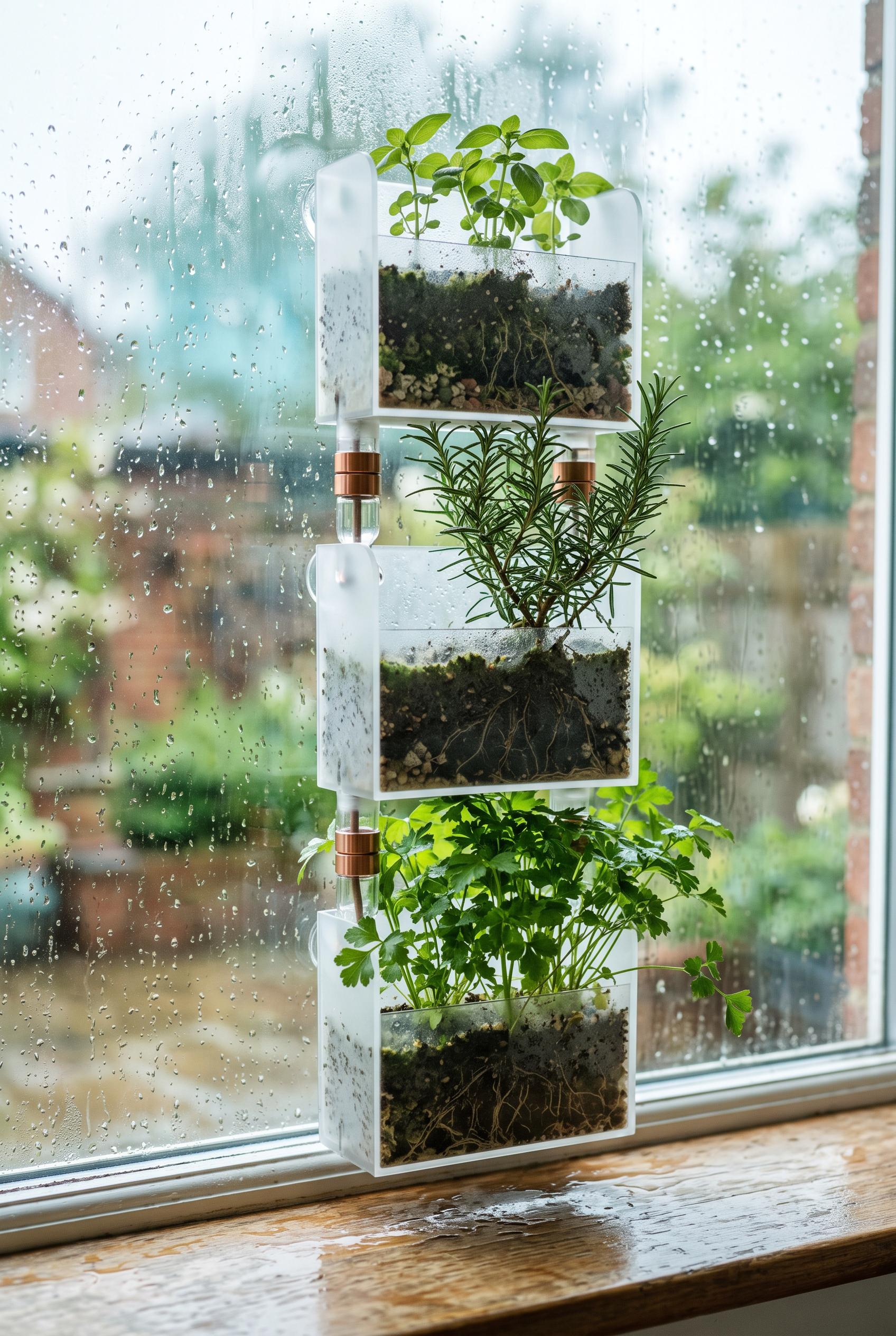 Create a commercial-quality vertical 2:3 Pinterest composition featuring a modular window herb growe