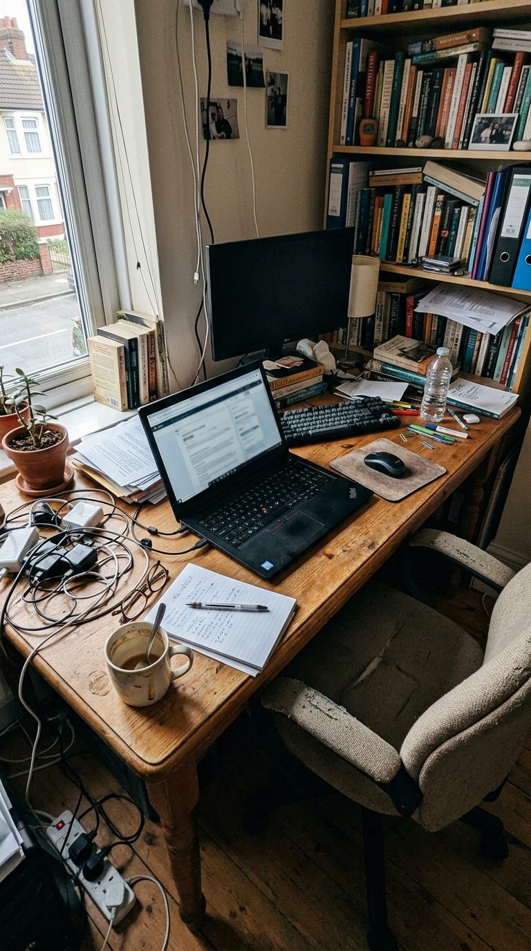 Amateur handheld phone photo of a slightly messy home desk area before redesign, imperfect wide-angl