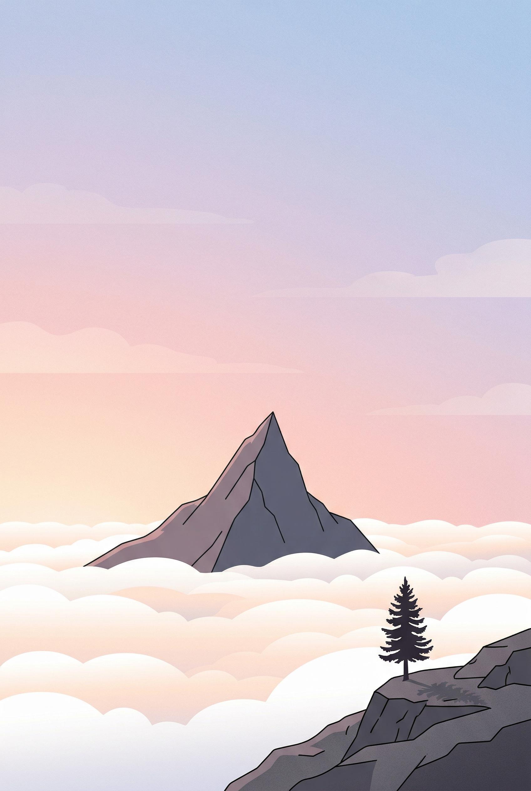 A minimalist illustration of a sharp mountain peak rising above a smooth sea of white clouds at sunrise, a single small 