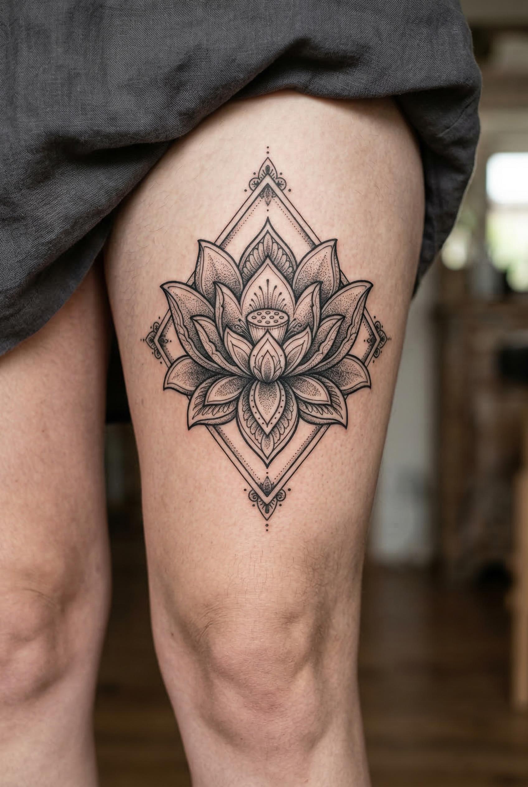 An elegant lotus flower tattoo in full bloom on the upper thigh, with layered symmetrical petals ren