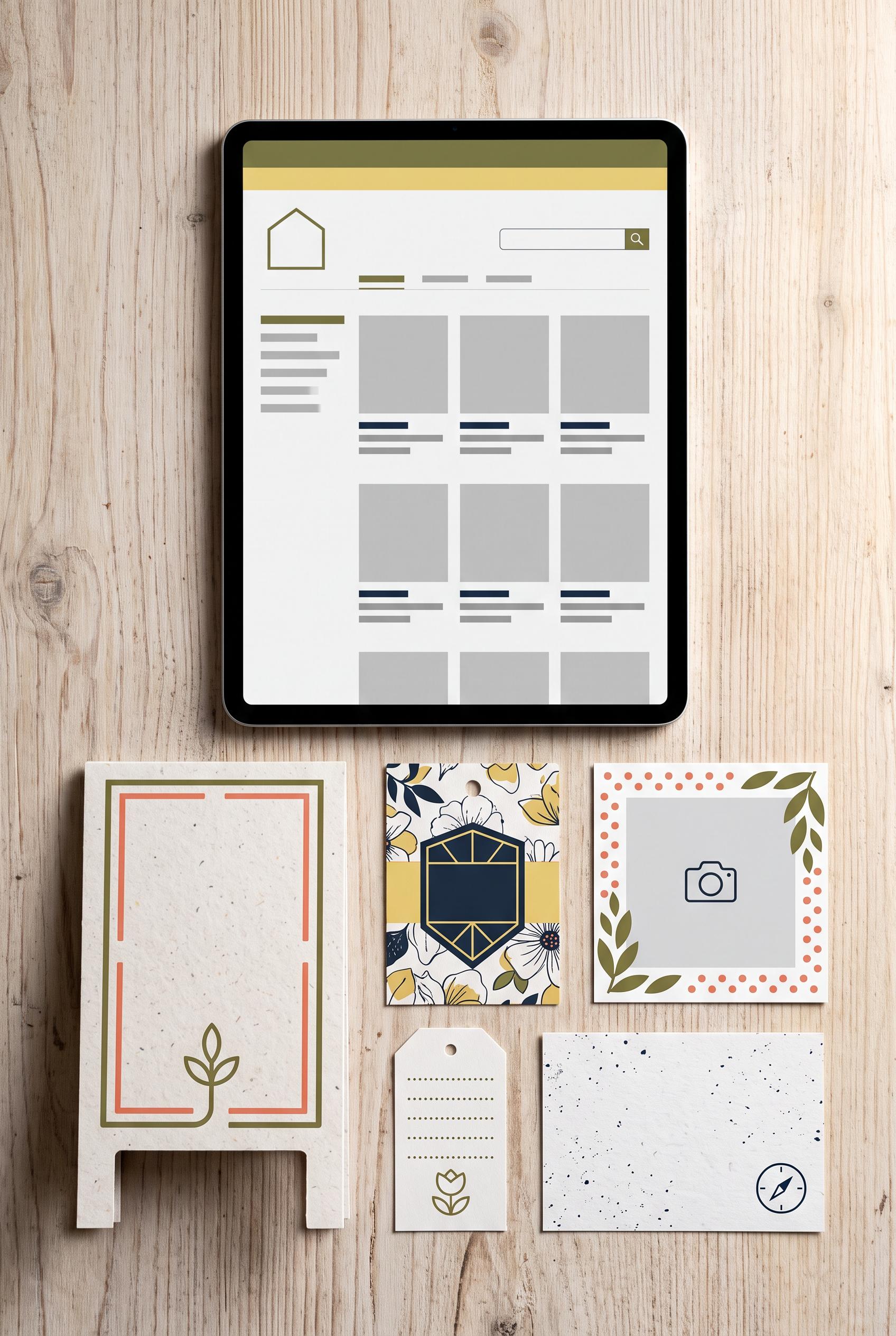 Create a commercial-quality vertical 2:3 Pinterest composition showcasing a cohesive Etsy maker mark