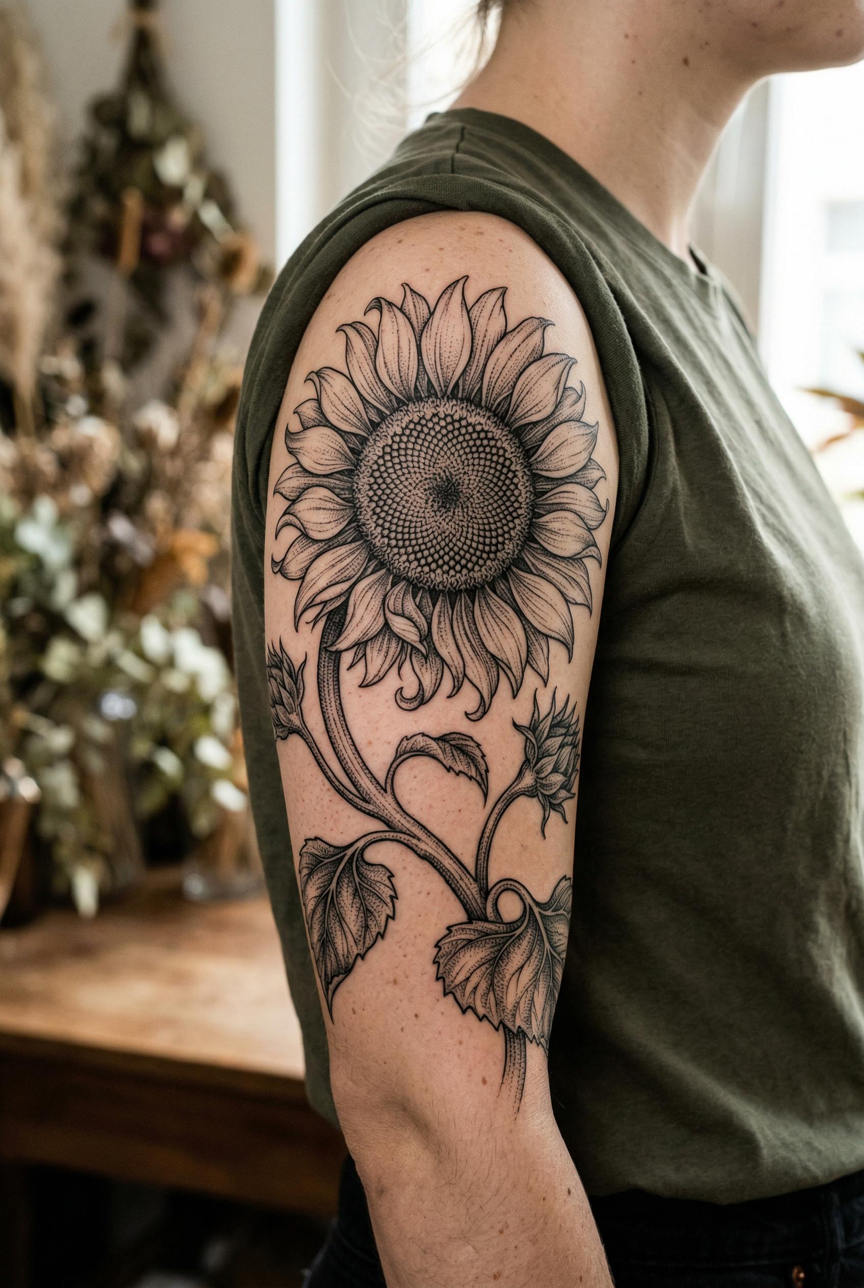 A detailed botanical illustration style sunflower tattoo wrapping around the upper arm, featuring a large sunflower head