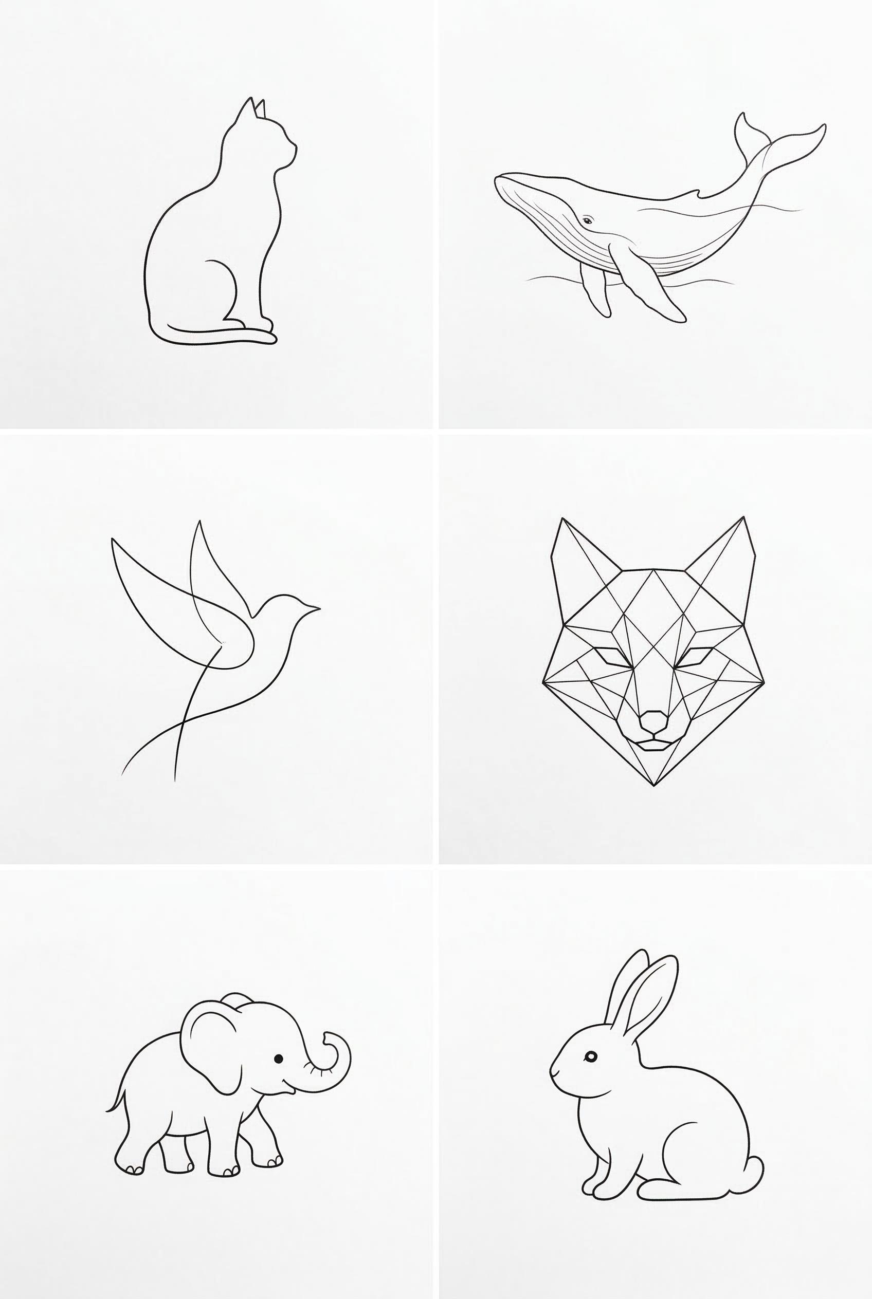 A clean 2x3 grid layout of 6 minimalist animal tattoo designs on a white background, evenly spaced: 
