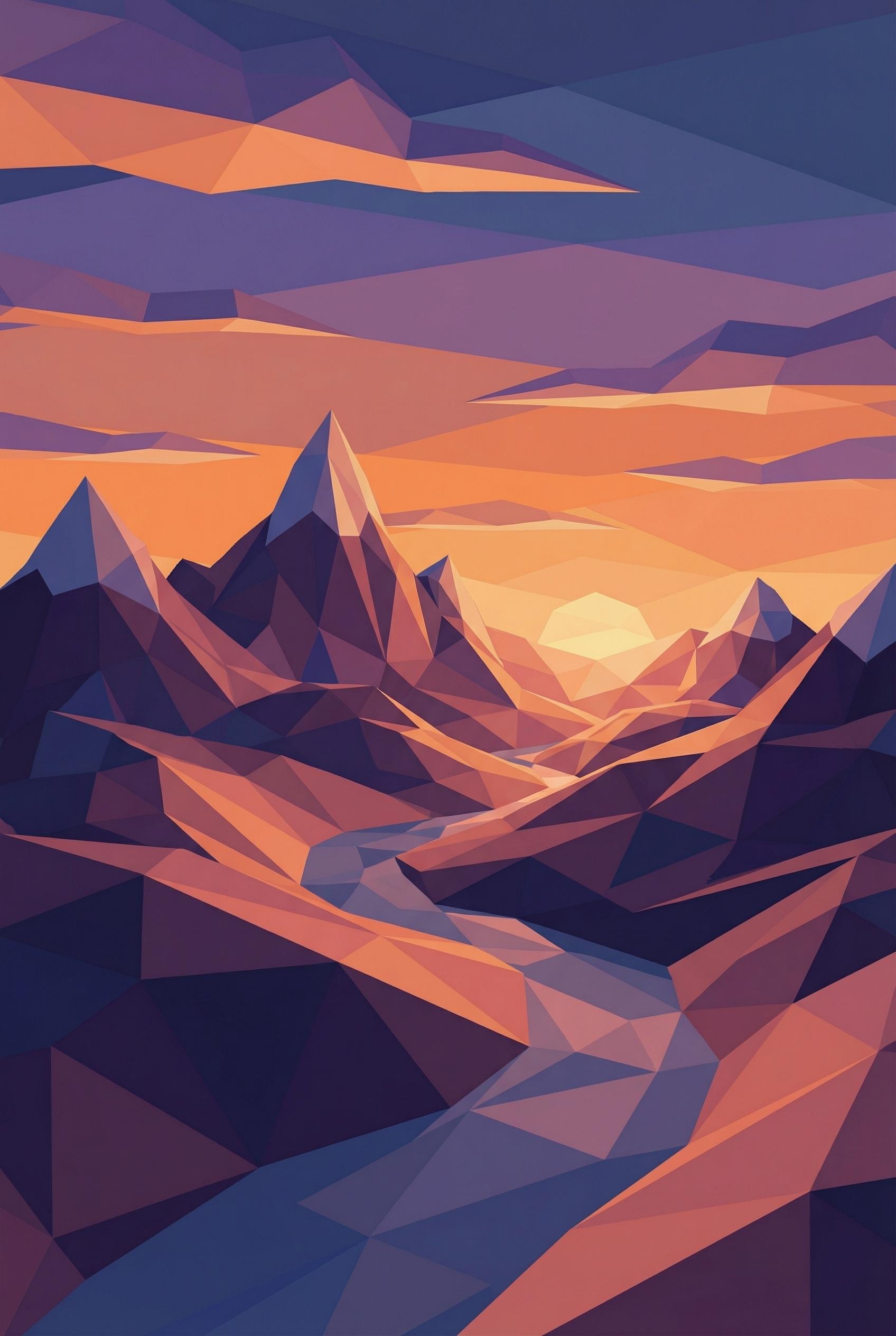 Low poly mountain landscape at sunset, geometric triangular facets creating terrain, gradient sky wi