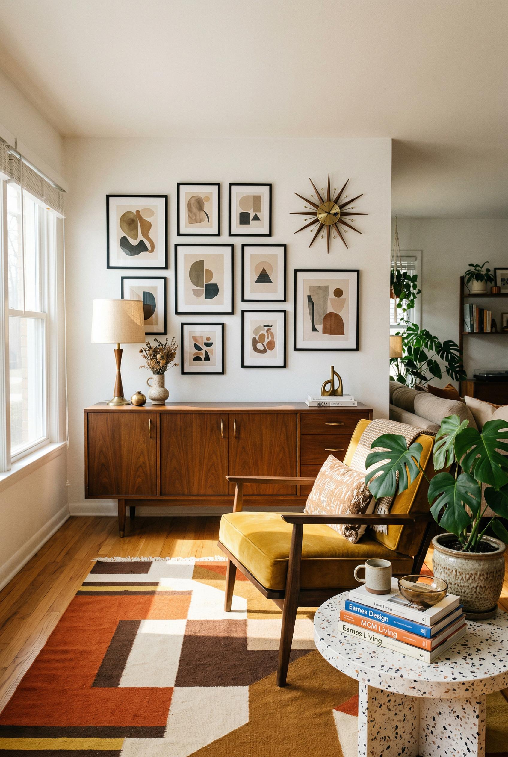 A mid-century modern living room featuring a long walnut credenza with tapered legs against a white wall, a mustard yell