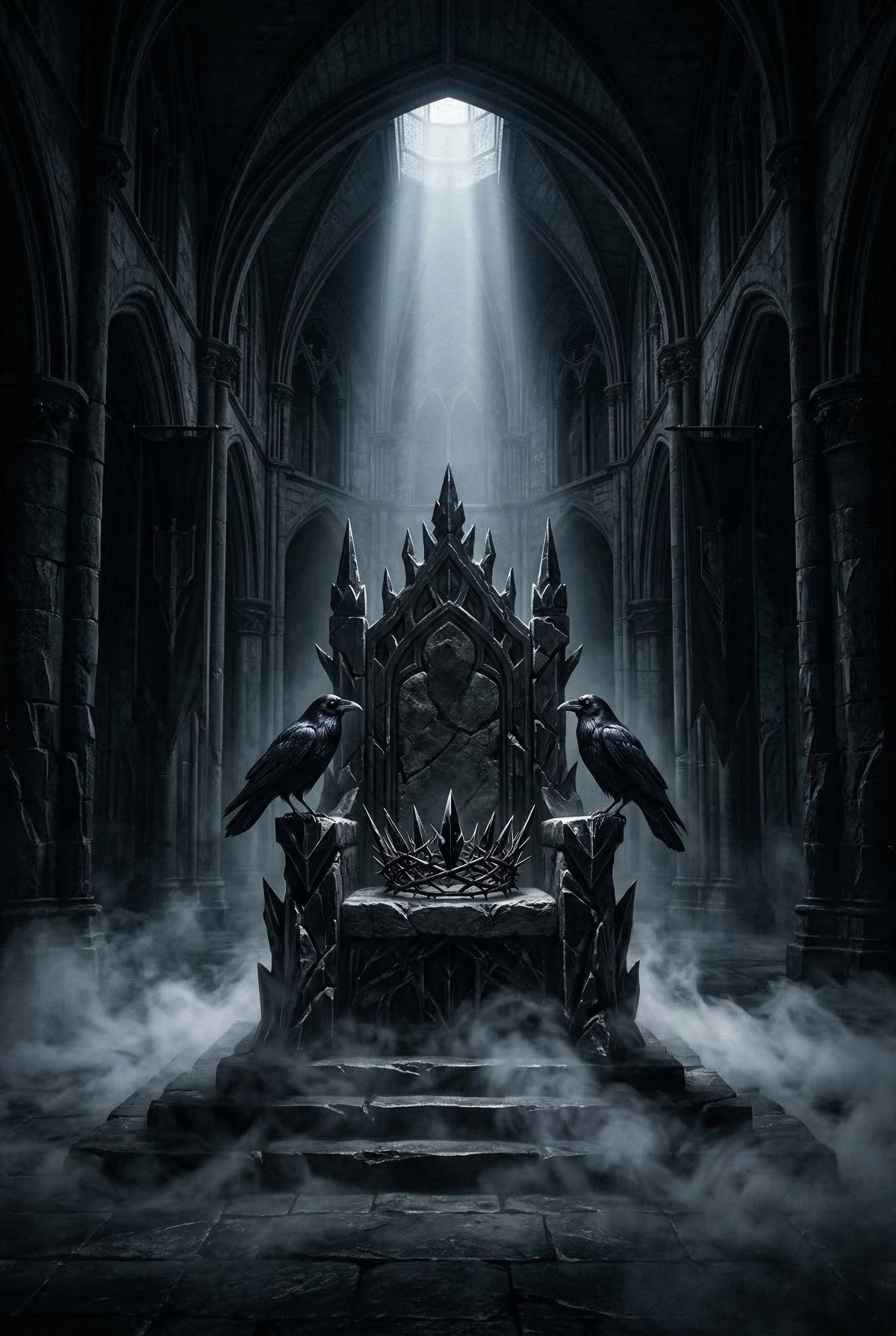 A dark imposing throne room with towering black stone walls and gothic vaulted ceilings disappearing