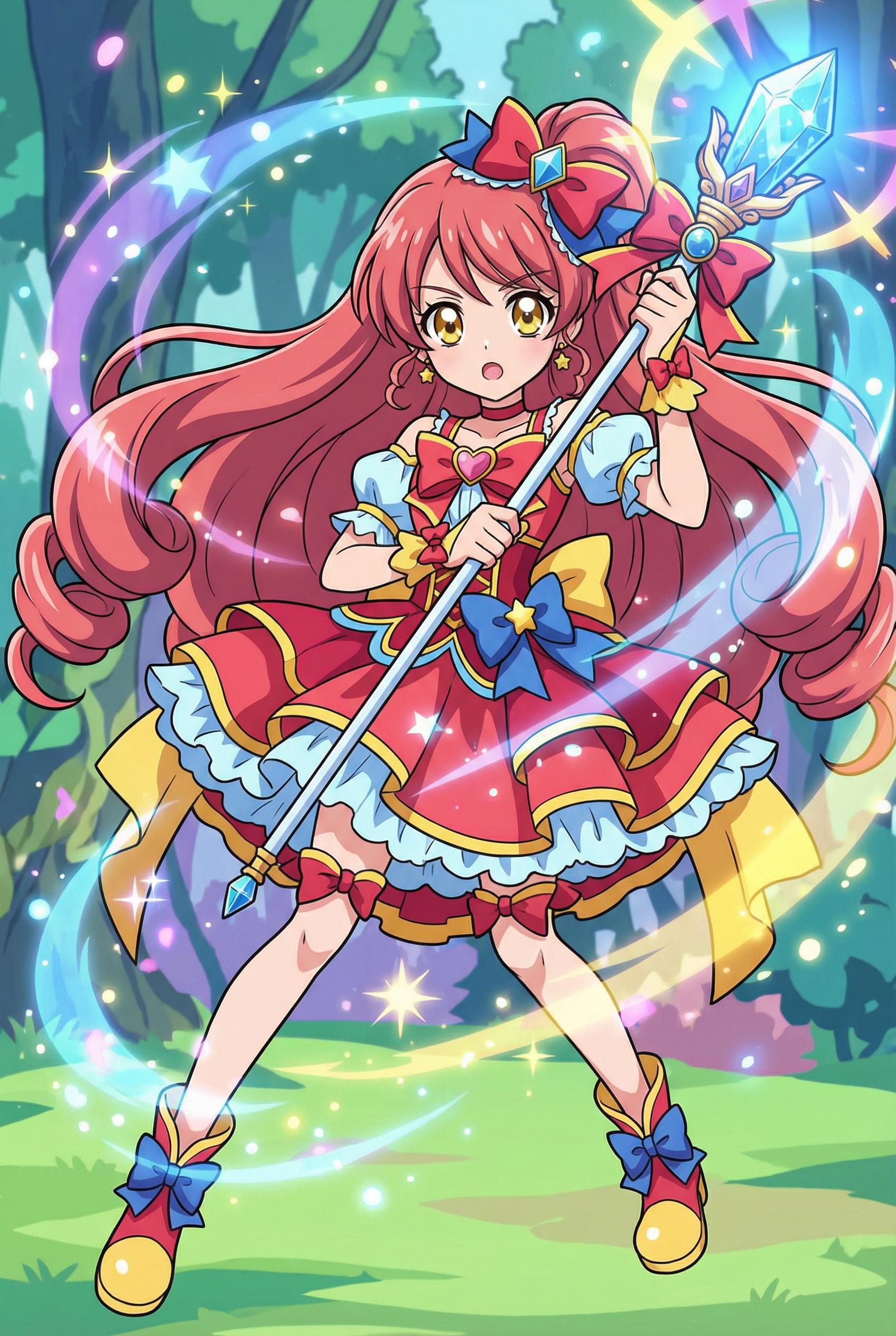 A high-quality anime character design of a magical girl with long flowing pink hair and golden eyes, wearing a frilly combat dress with ribbon details, holding a glowing crystal staff, sparkles and magical effects surrounding her, vibrant colors, cel-shaded style.
. Japanese animation art style with distinctive large eyes, expressive faces, and vibrant colors