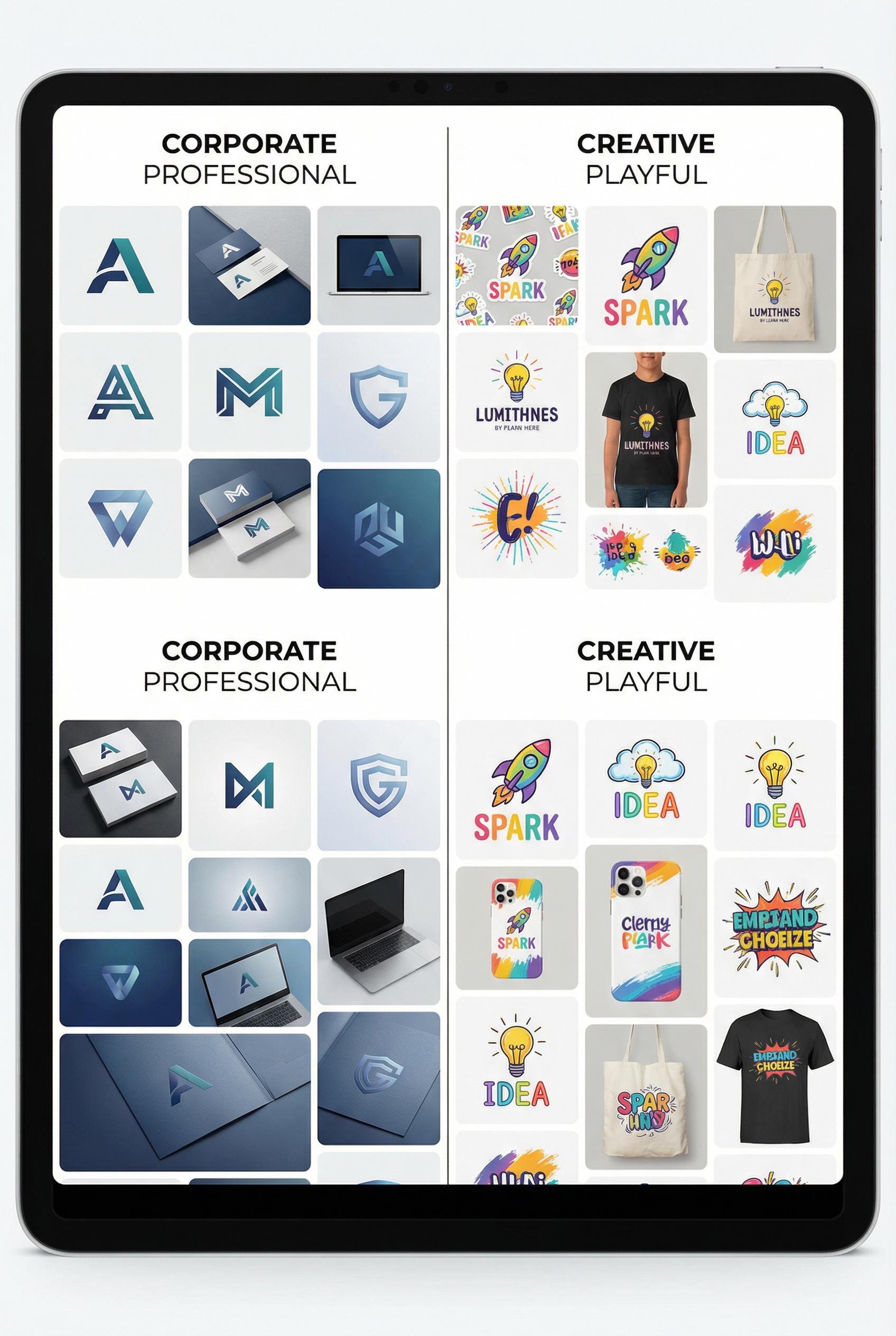 Digital marketing logo design inspiration board, split composition showing corporate professional logos on left (gradien