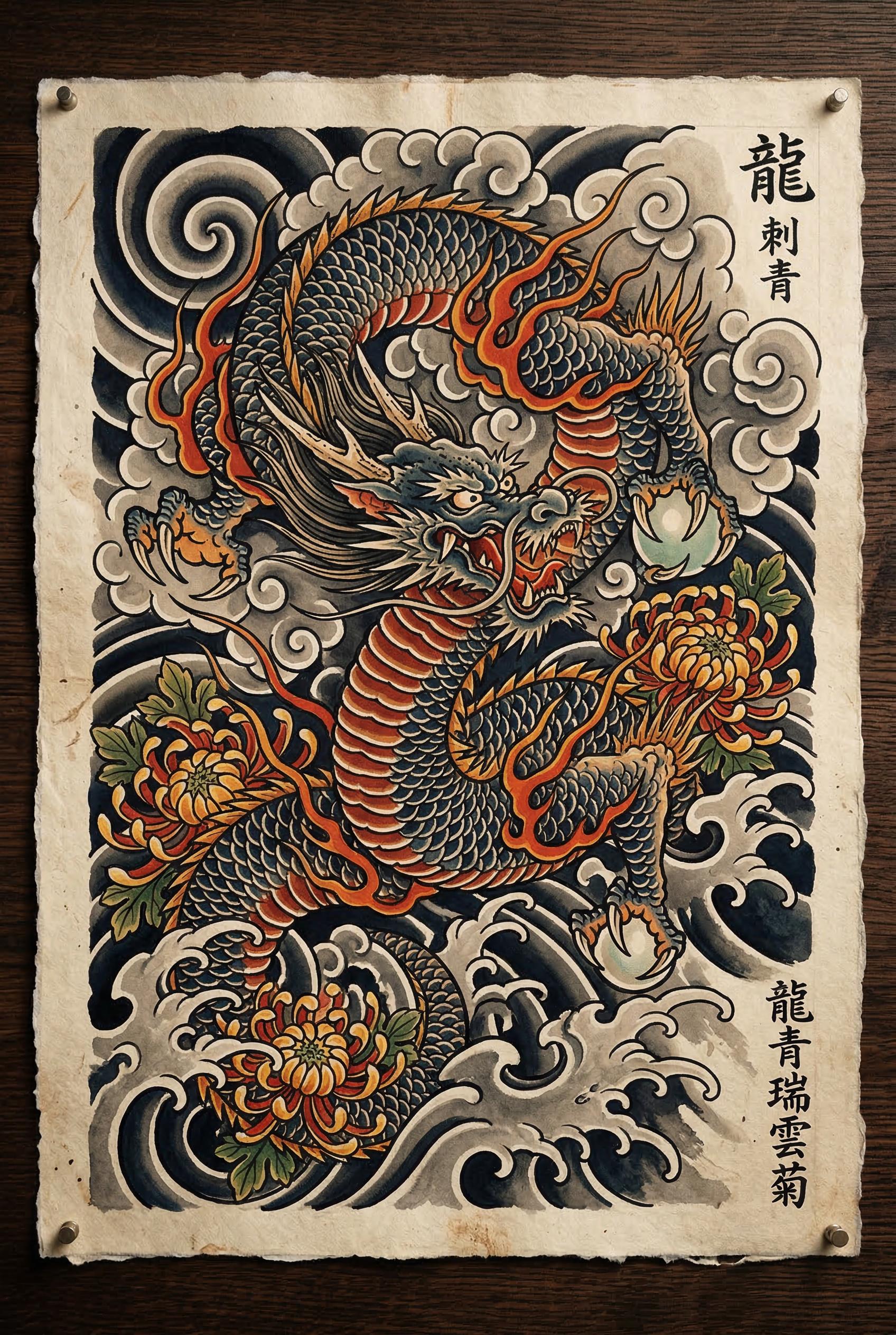 A traditional Japanese irezumi dragon tattoo design, the dragon weaving through swirling clouds and ocean waves, detaile