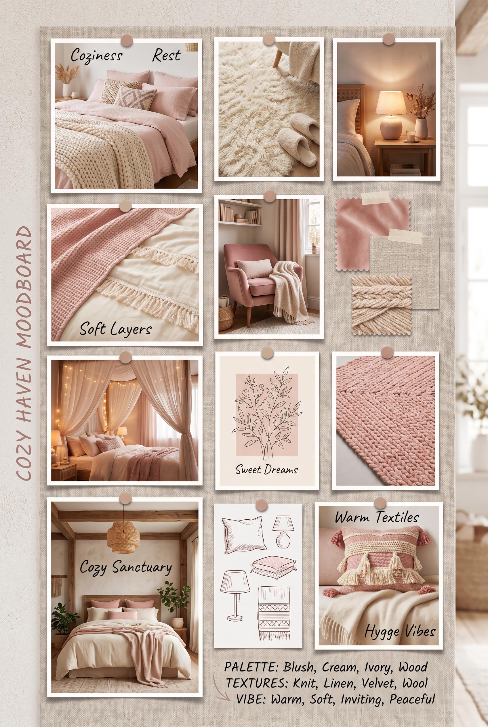 A vertical 2:3 moodboard of various cozy bedroom setups, featuring soft pinks and creams, highlighting text...