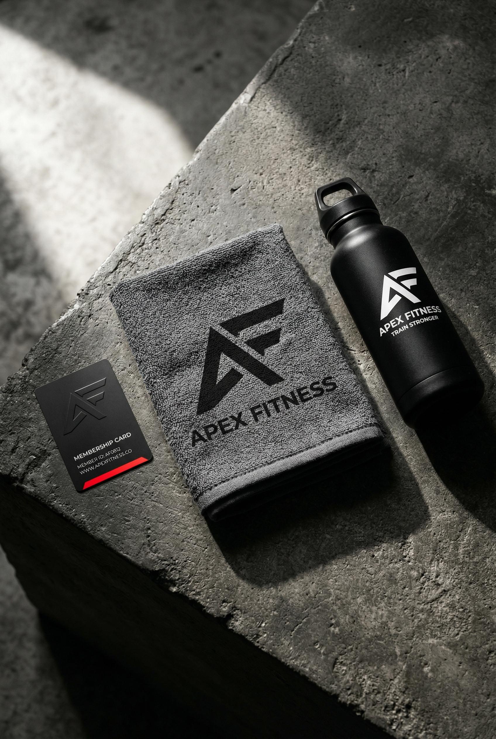 A modern fitness studio brand identity concept displayed on a raw concrete surface, featuring a bold geometric angular l