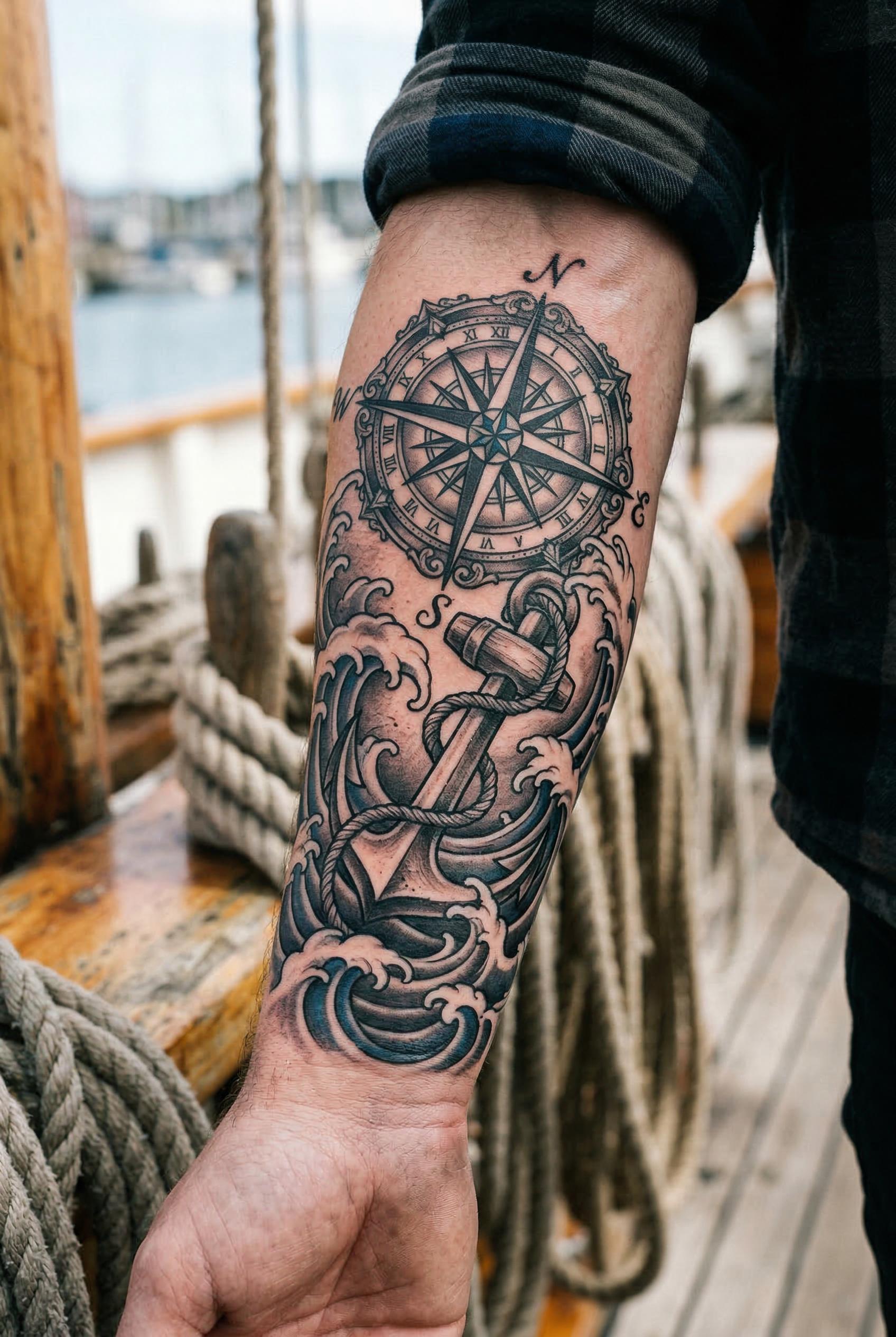 A nautical-themed neo-traditional half sleeve tattoo featuring crashing ocean waves with white-cap foam wrapping around