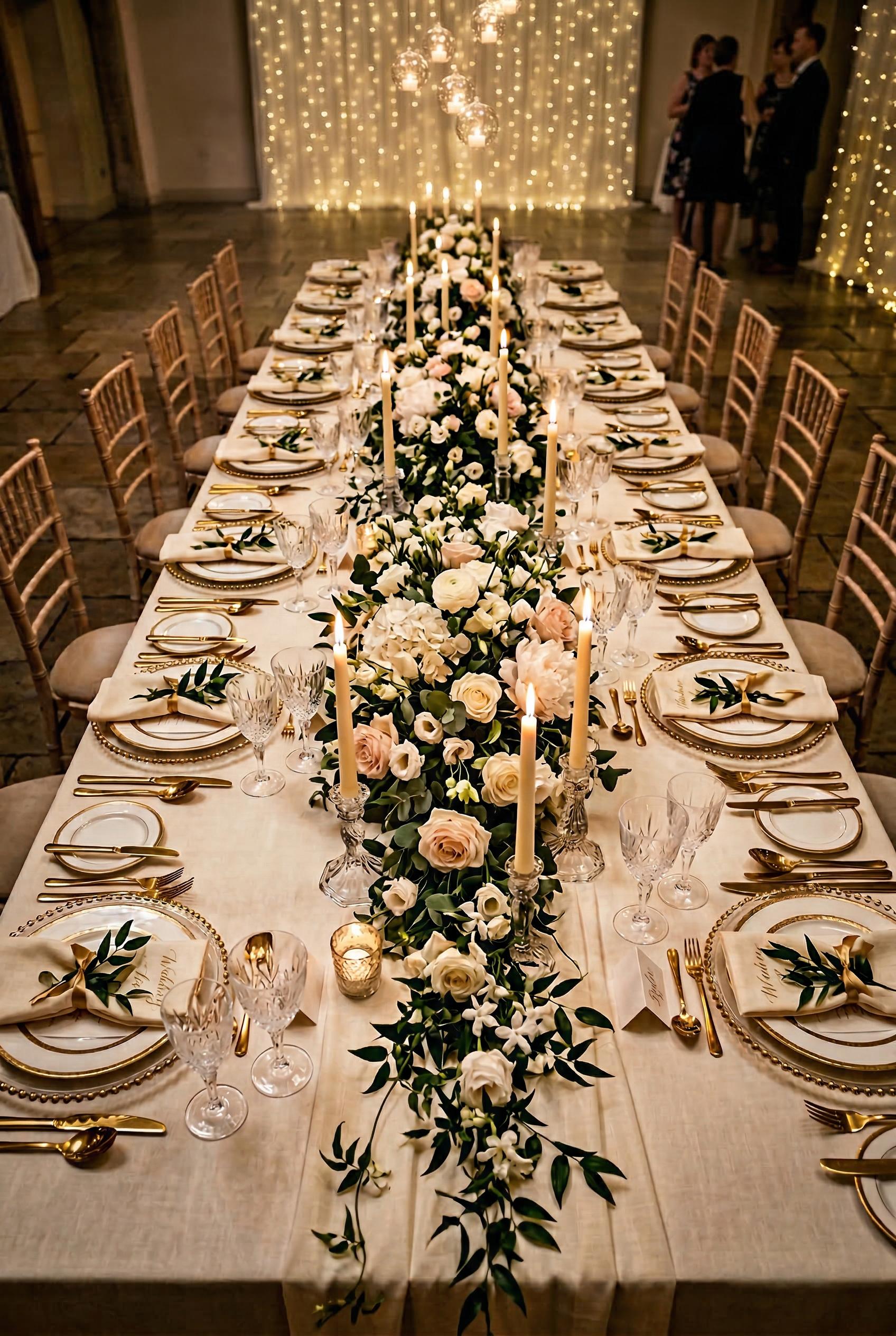 An elegant wedding reception long table with gold charger plates, ivory taper candles in crystal holders, a lush low cen
