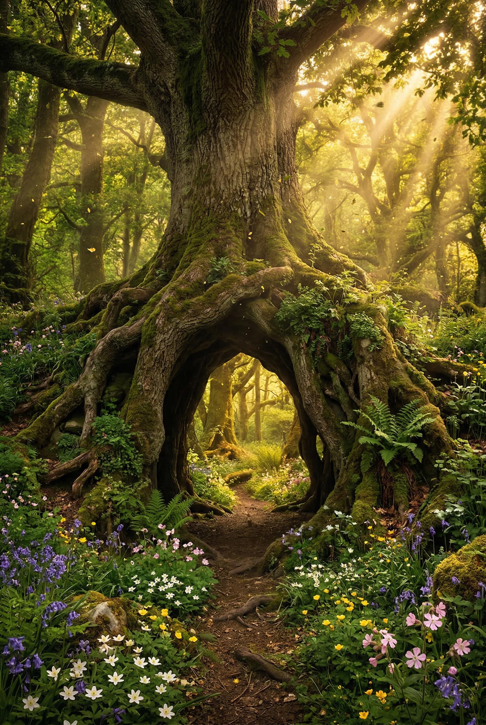 A massive ancient tree with an enormously thick gnarled trunk and sprawling root system that forms a natural gothic arch