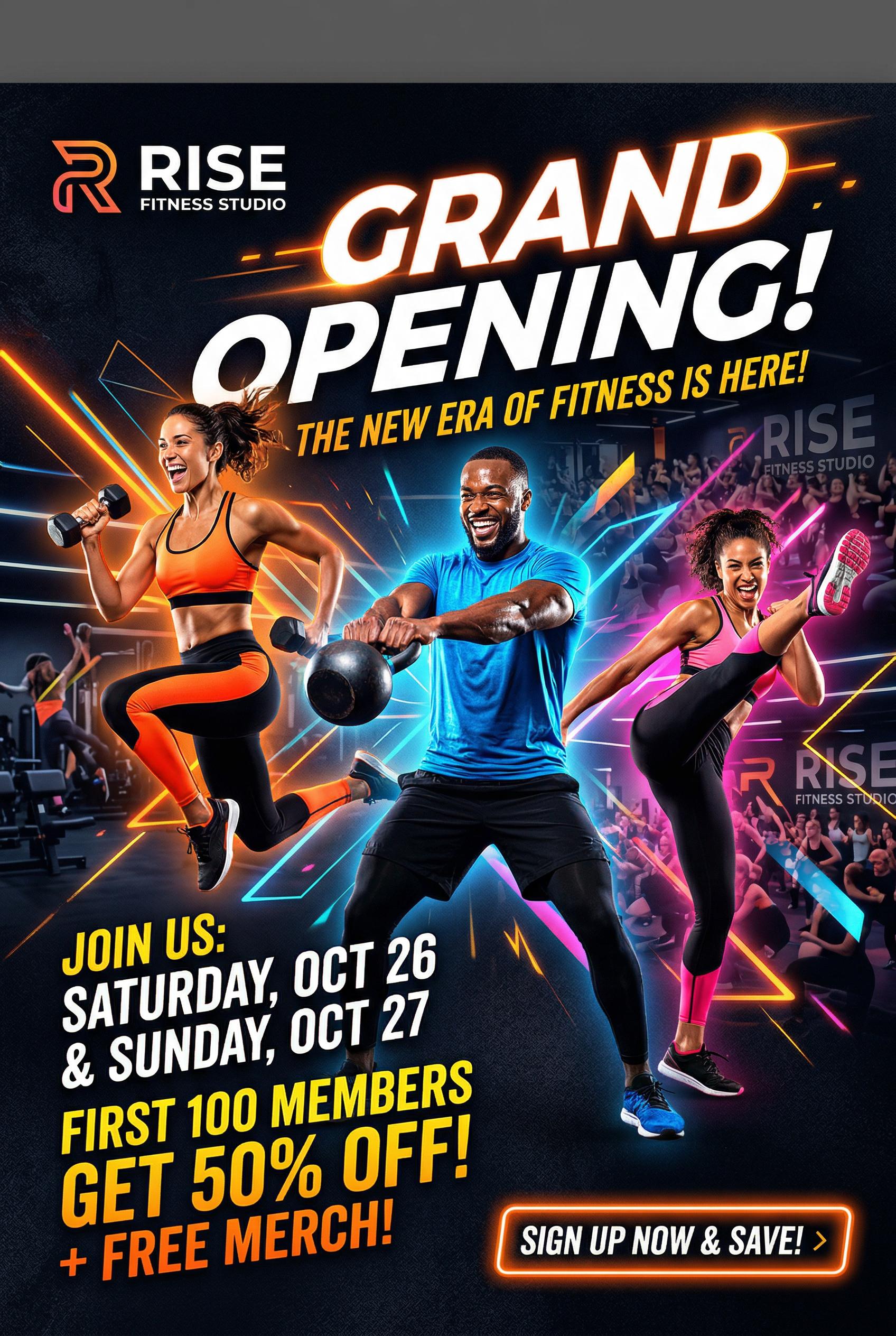 Eye-catching Facebook ad banner for a fitness studio grand opening, vibrant energy, dynamic poses, bold colors on dark b