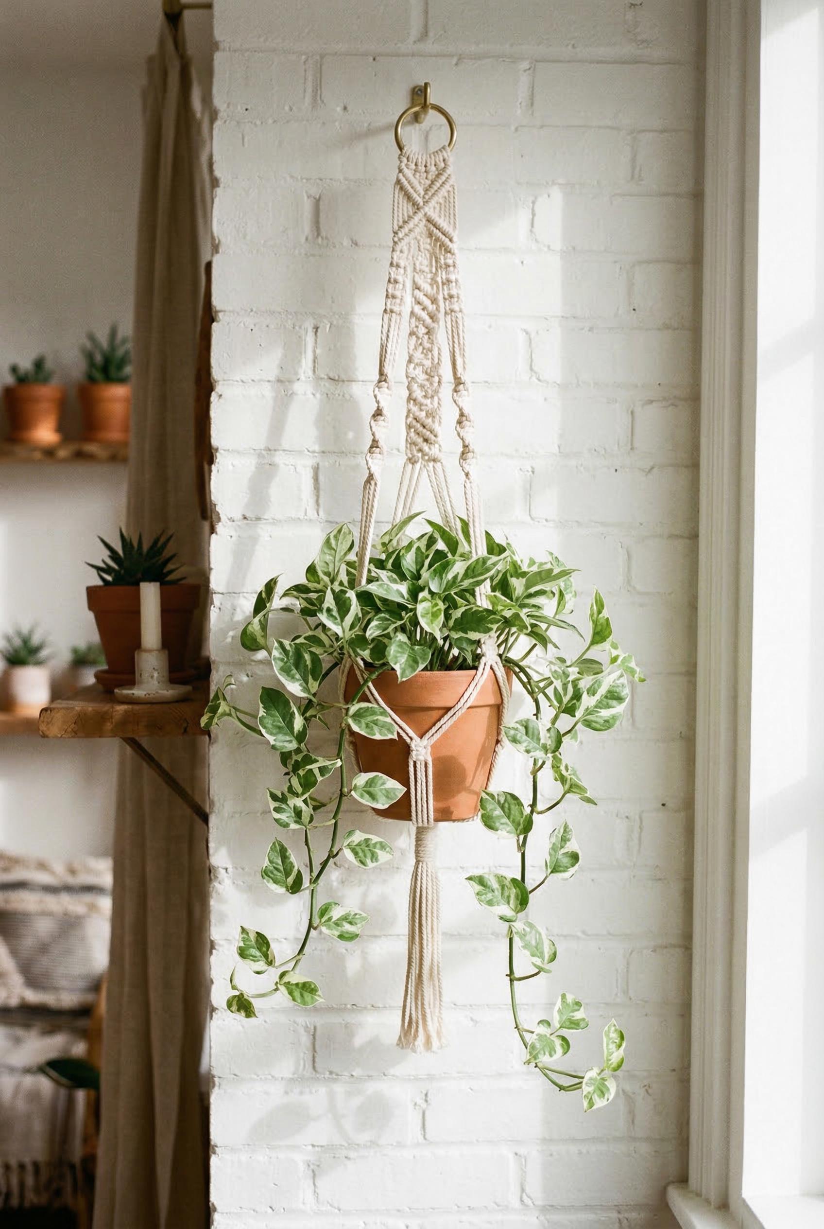 A handmade macramé plant hanger crafted from natural cream cotton cord in an intricate knotted patte