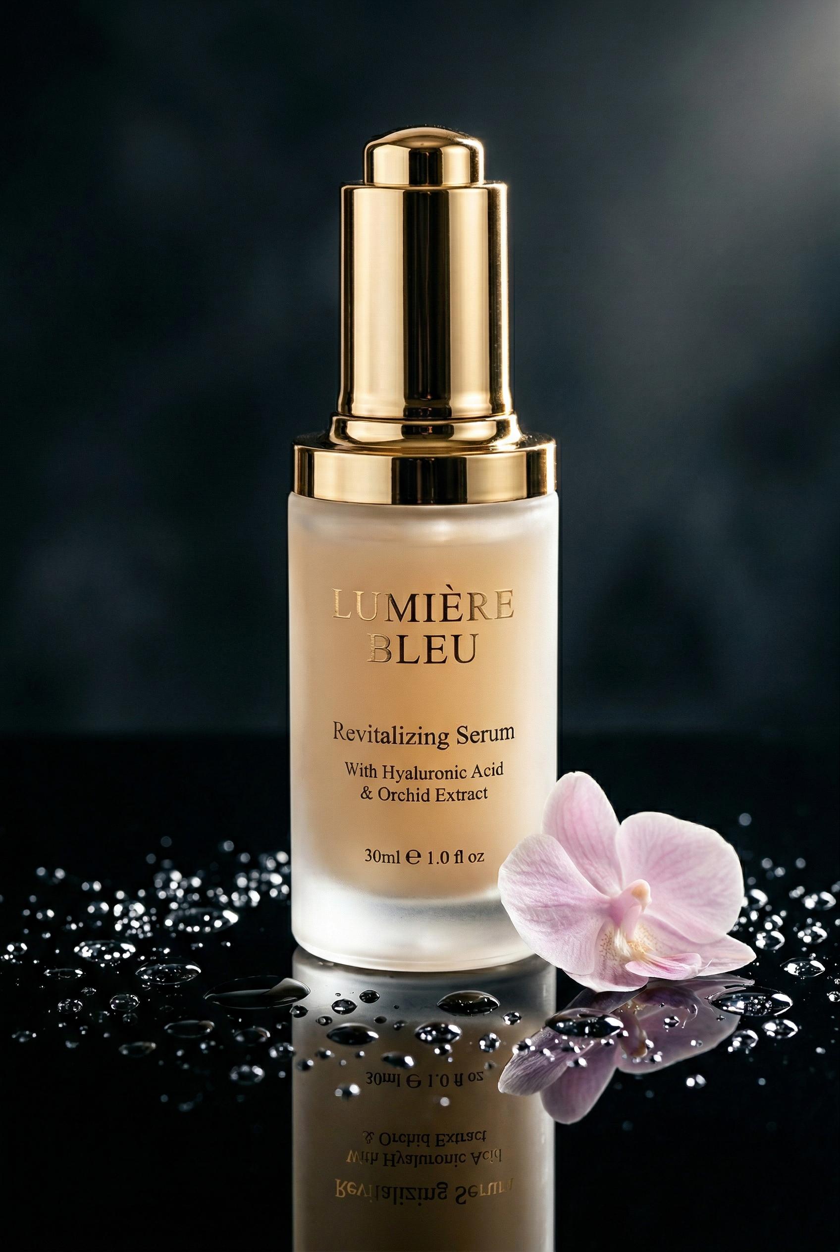 A luxury skincare serum bottle with a tall frosted glass body and gleaming gold dropper cap, standing on a perfectly ref